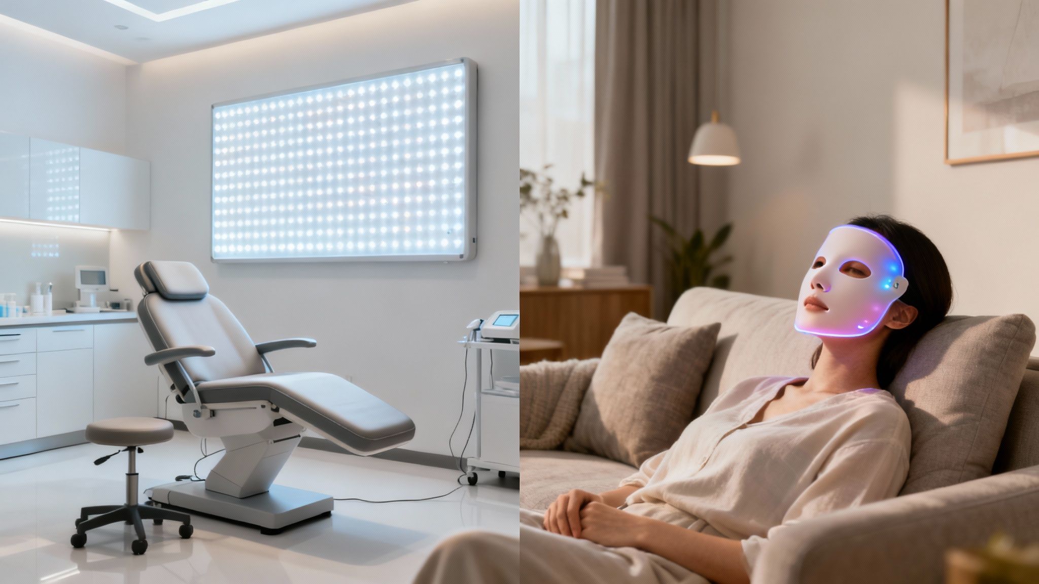 A woman using an LED light therapy mask at home