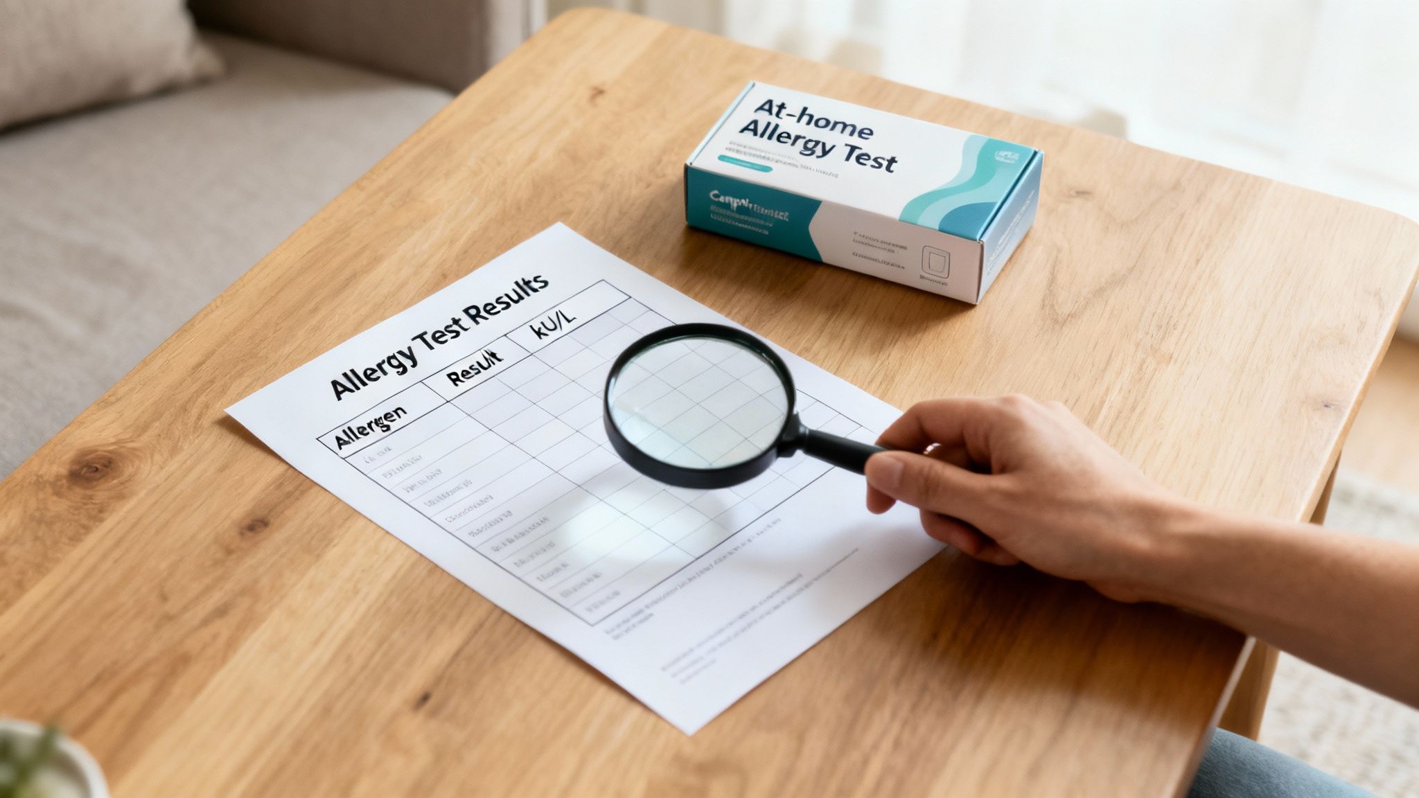 A person uses a magnifying glass to carefully read at-home allergy test results on a wooden table.