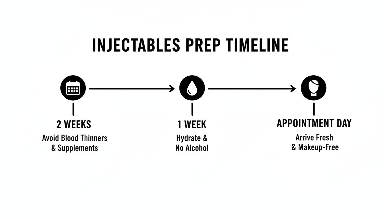 An injectables prep timeline outlining steps for 2 weeks, 1 week, and appointment day.