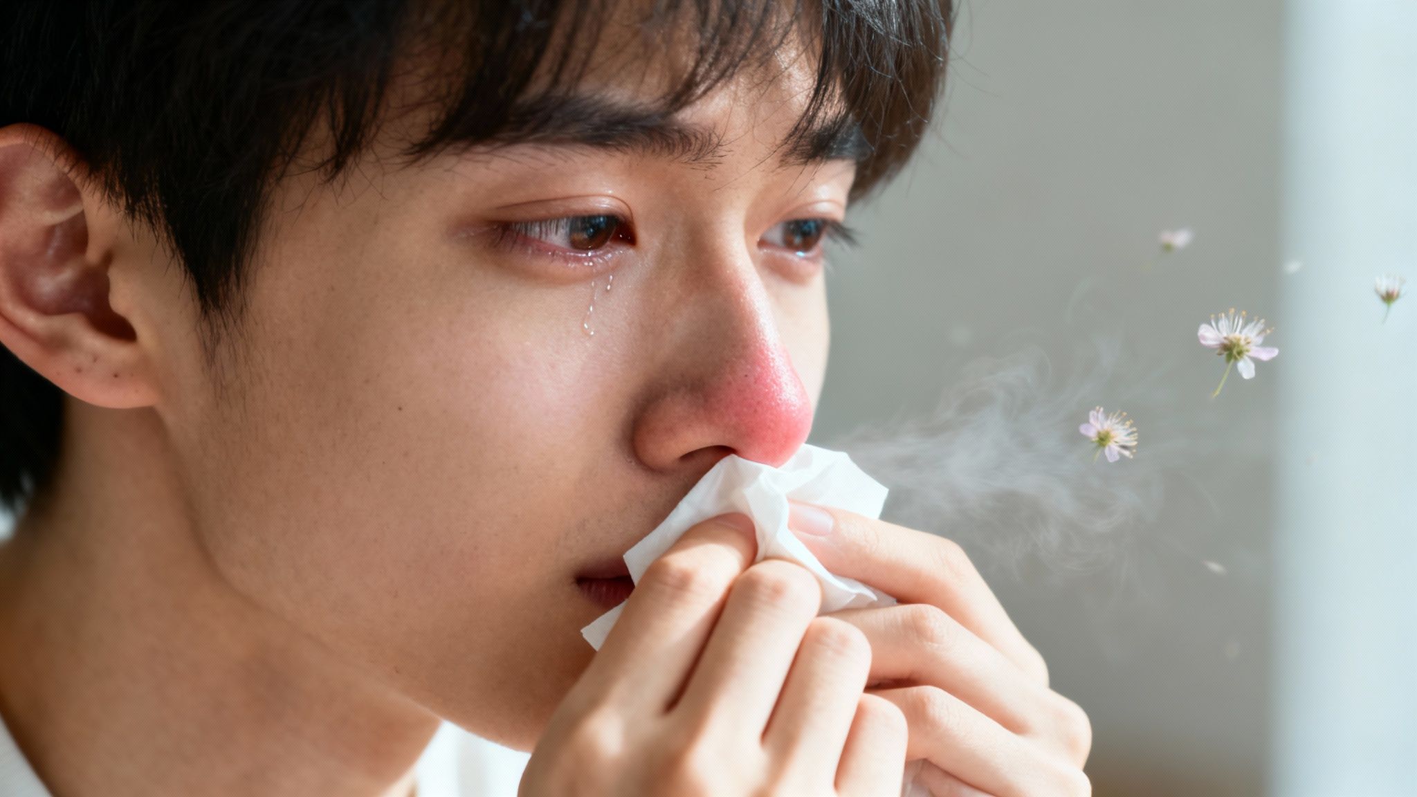 Young person with red nose and tearful eyes, holding a tissue, with pollen in the air.