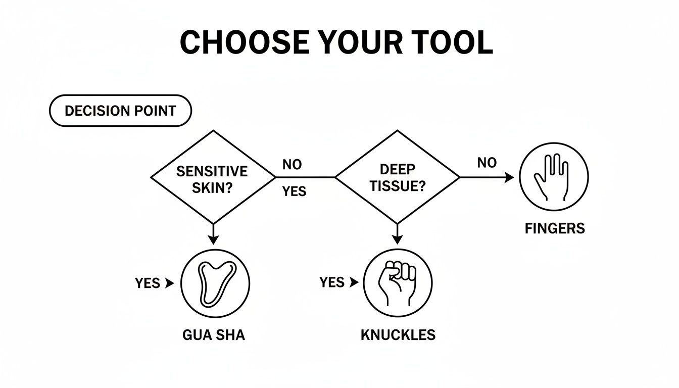 Flowchart diagram titled 'Choose Your Tool' to select a massage instrument: Gua Sha, Knuckles, or Fingers.