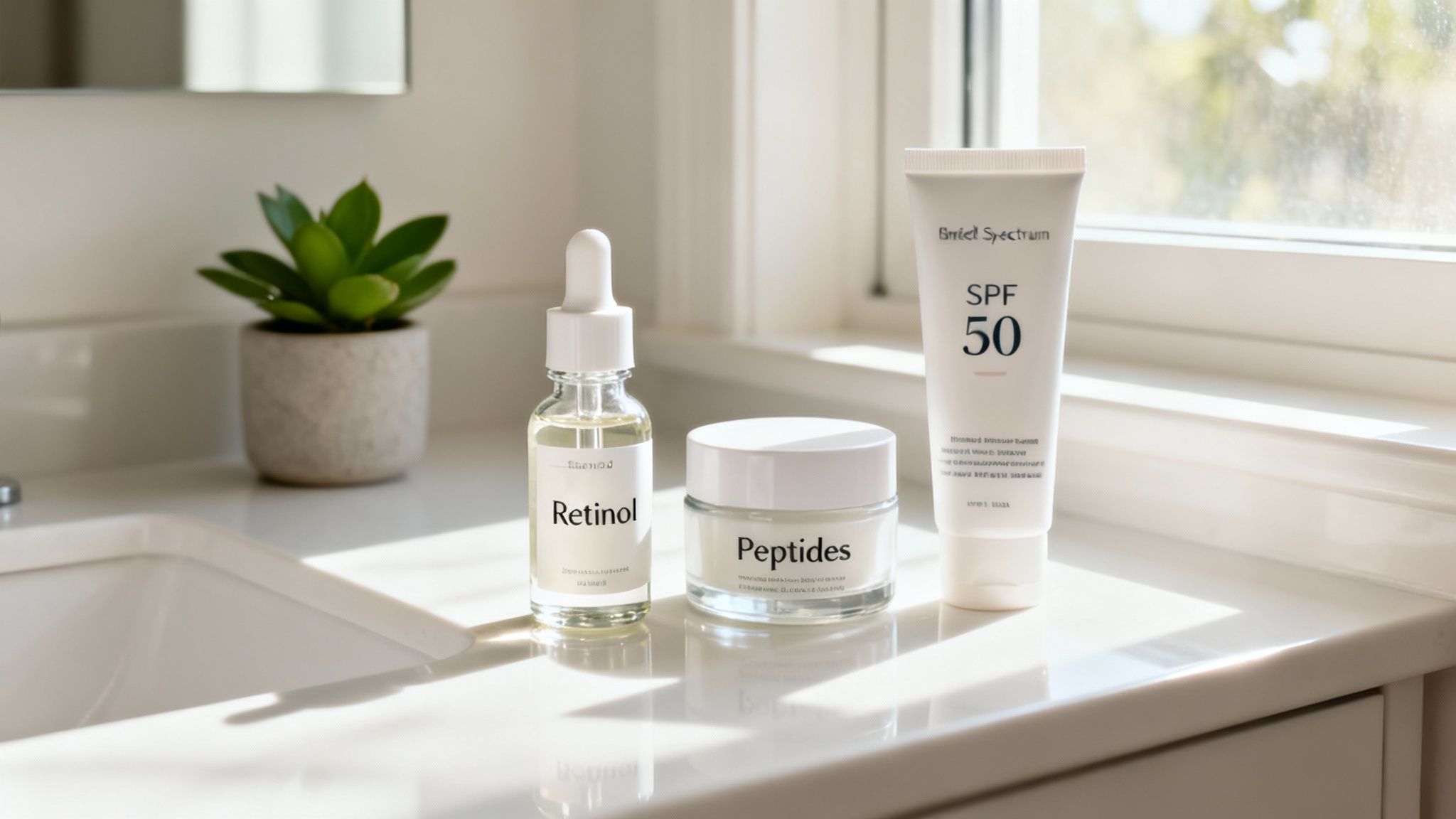 Three essential skincare products: Retinol serum, Peptides cream, and SPF 50 sunscreen on a bright bathroom counter.