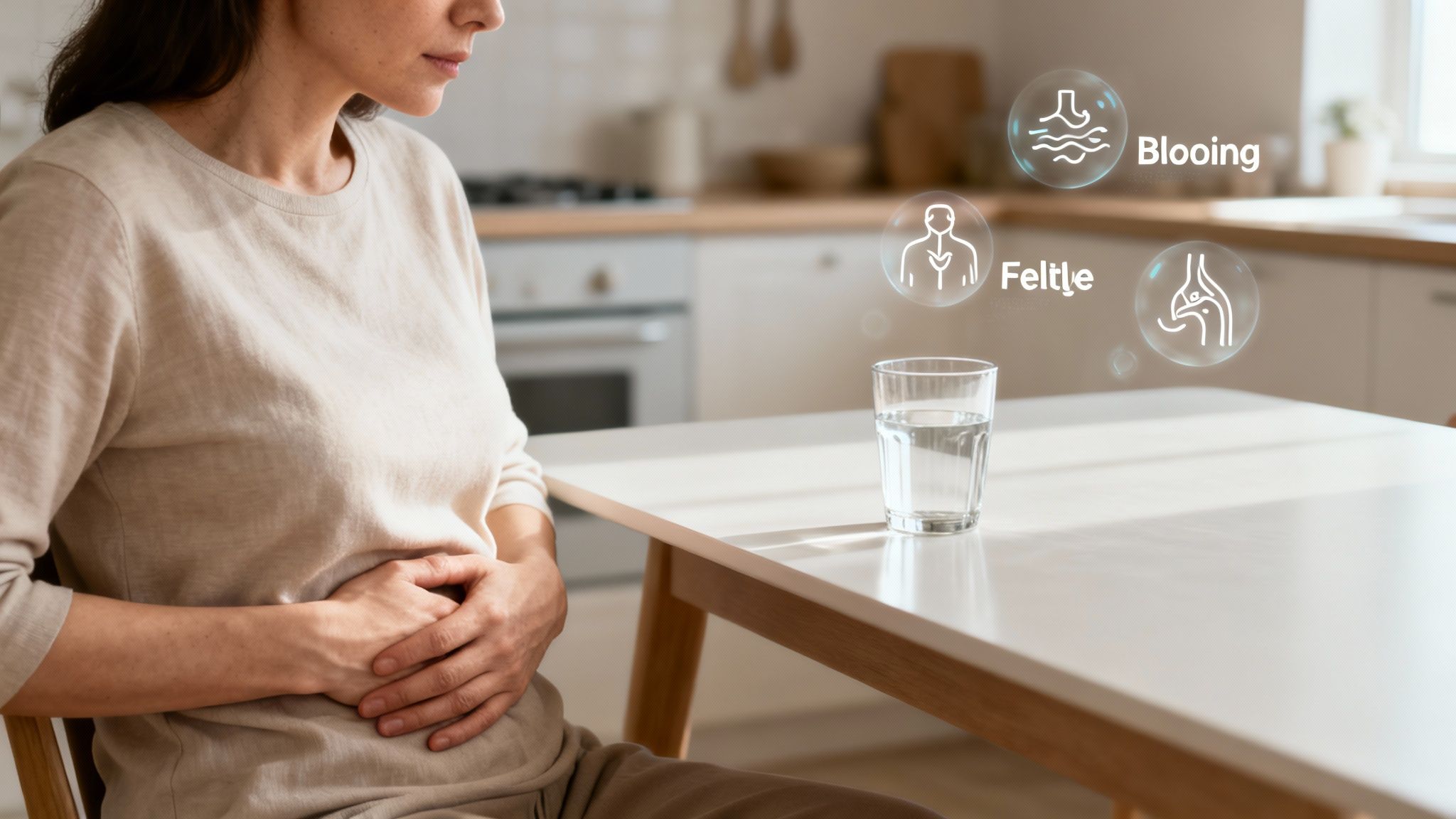 Woman holding her stomach in a modern kitchen, with holographic icons indicating digestive discomfort and symptoms.