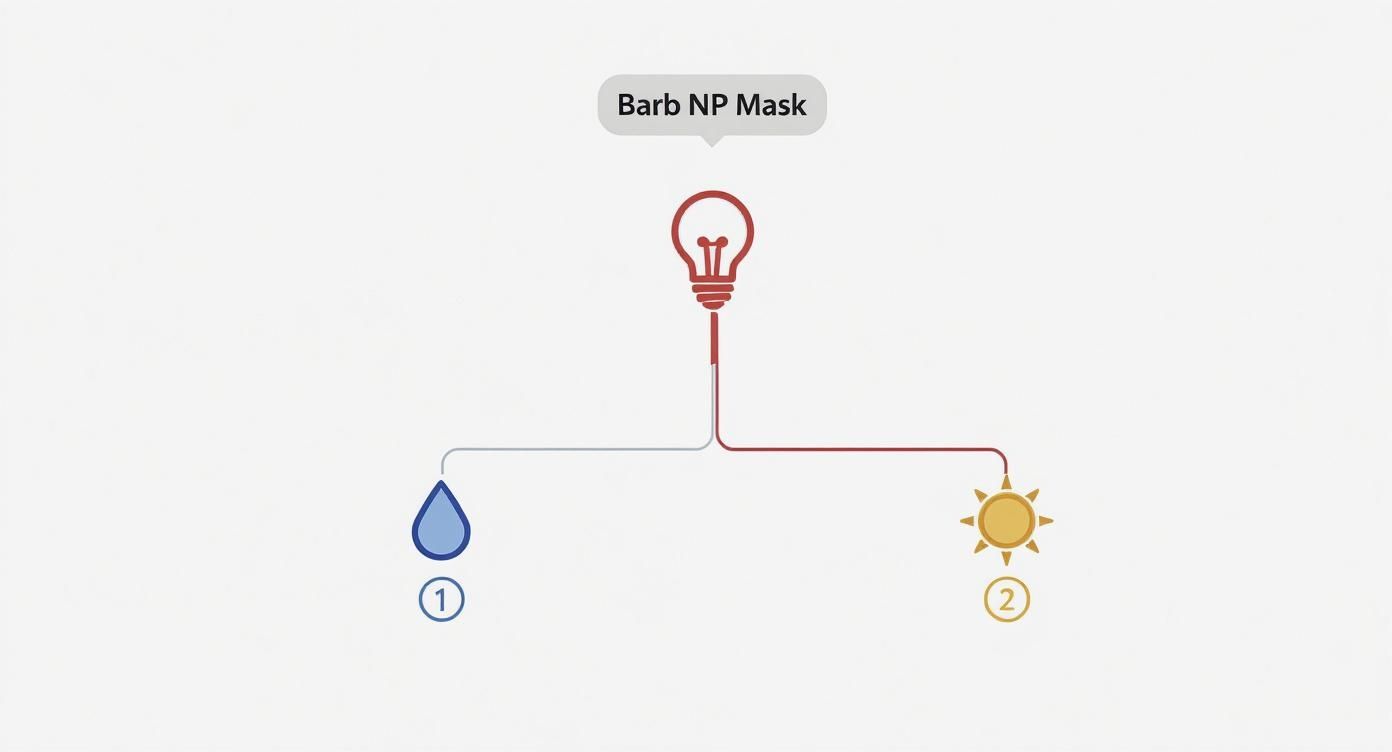 Barb NP hair mask diagram showing water droplet and sun icon with lightbulb connection