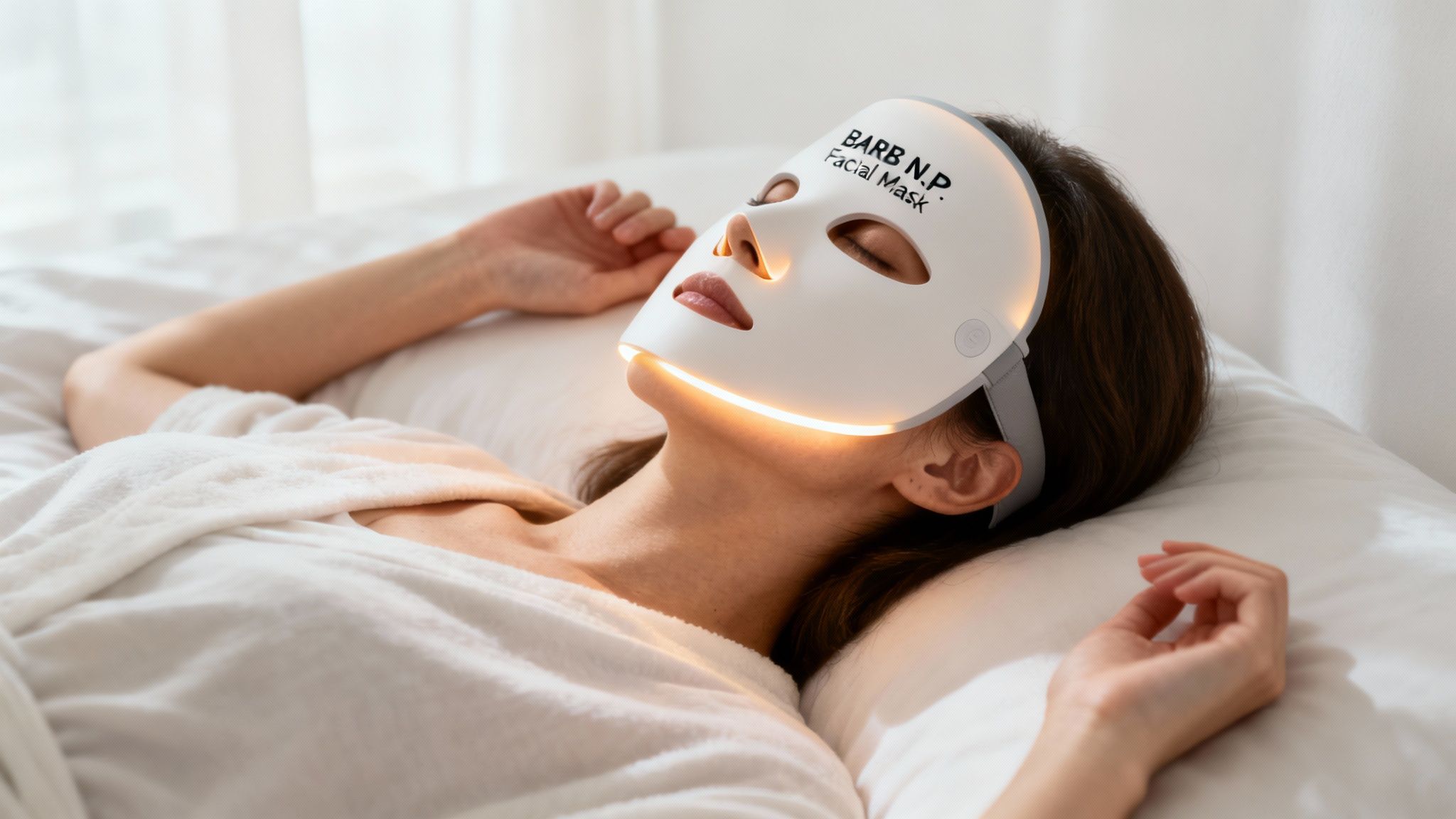 A woman relaxing comfortably while wearing an LED therapy mask.