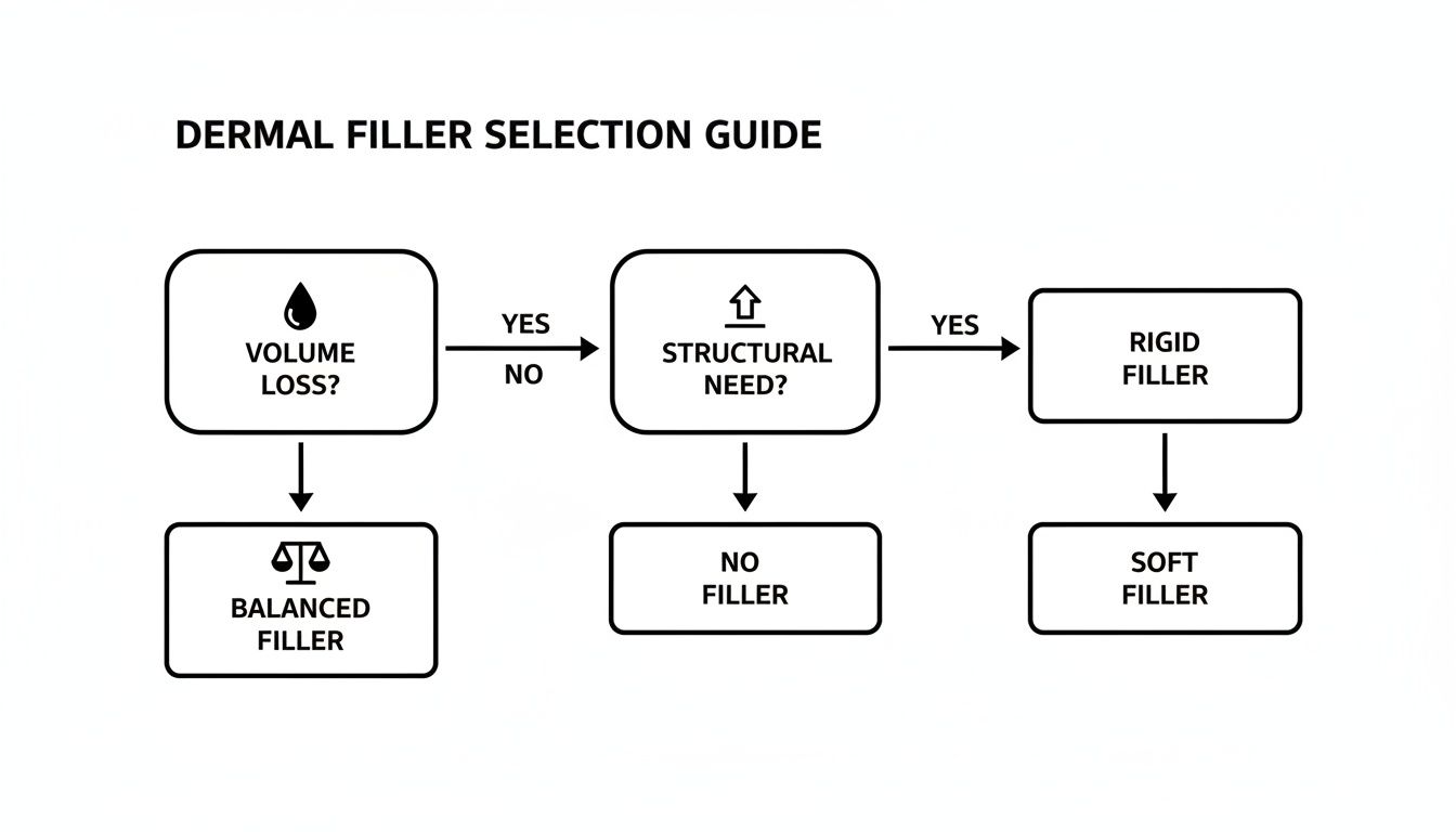 A flowchart illustrating a dermal filler selection guide based on volume loss and structural need, leading to rigid, soft, balanced, or no filler.