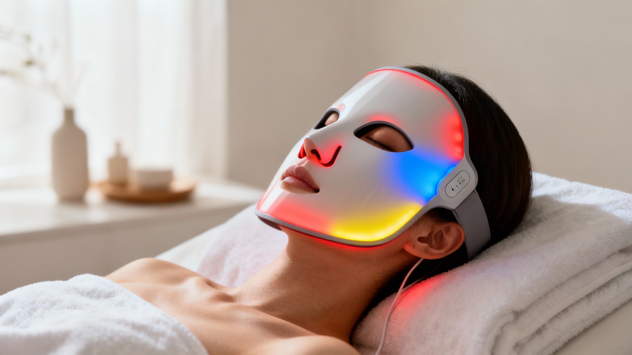 A woman relaxes with her eyes closed, wearing a multicolored LED light therapy mask for a skin treatment.