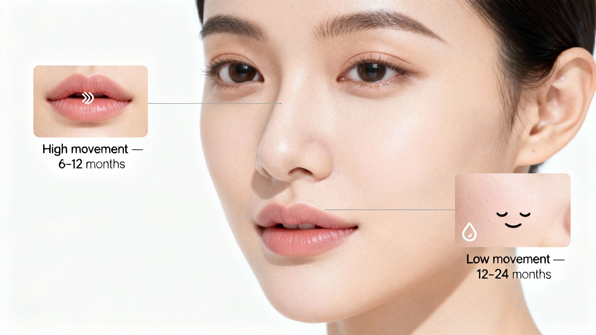 Woman's face showing high movement areas (lips, 6-12 months) and low movement areas (skin, 12-24 months).