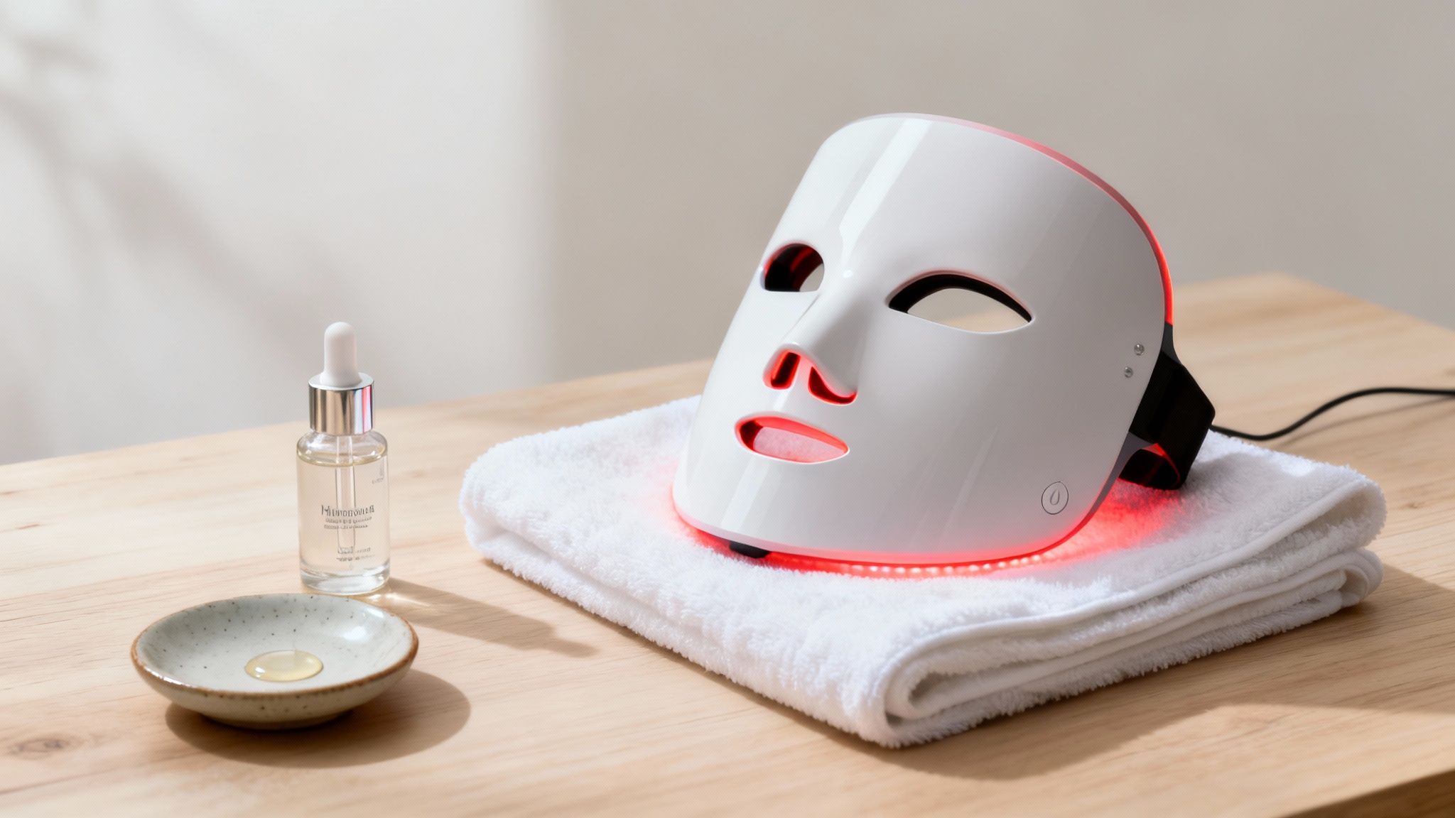 A white LED light therapy mask glowing red, next to a serum bottle and a dish with liquid.