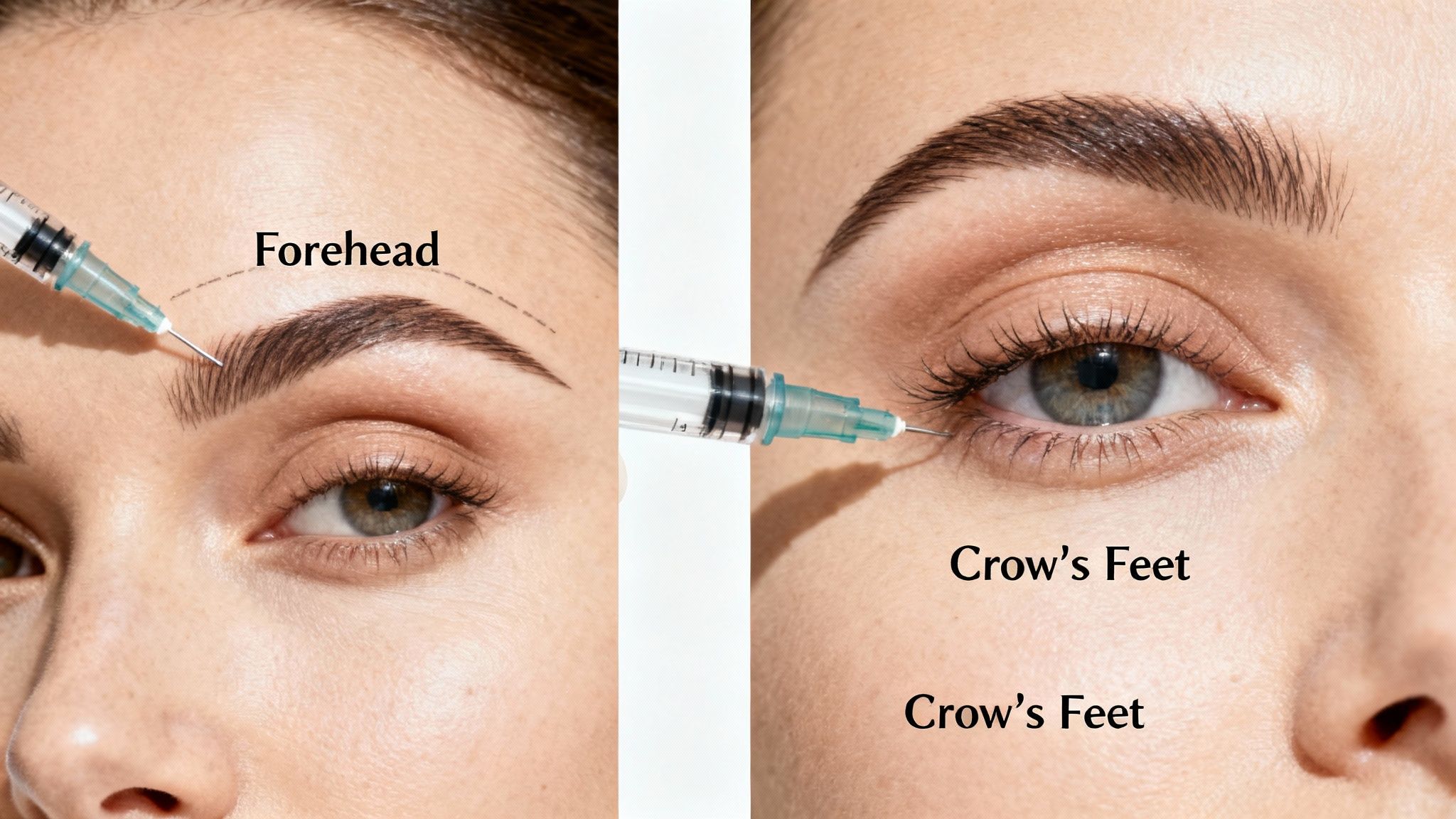 A woman's face with indicators for Botox and Dysport treatment areas.