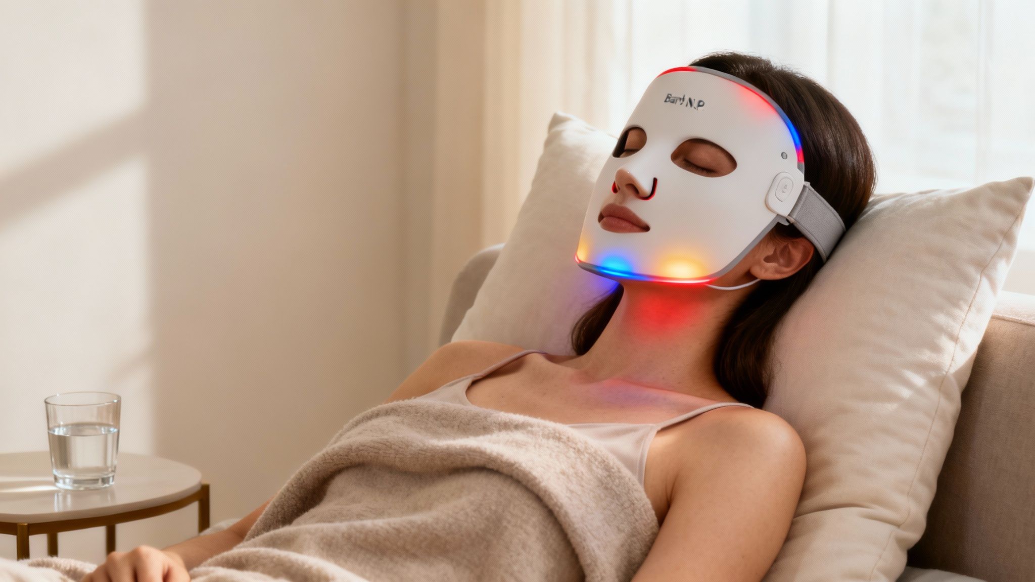 A person relaxing with eyes closed, wearing a multicolored LED light therapy face mask.