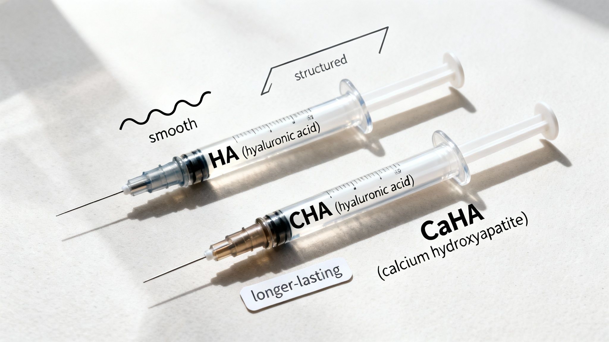 Two syringes with labels: HA (hyaluronic acid) described as 'smooth', and CHA next to CaHA (calcium hydroxyapatite) described as 'structured' and 'longer-lasting'.