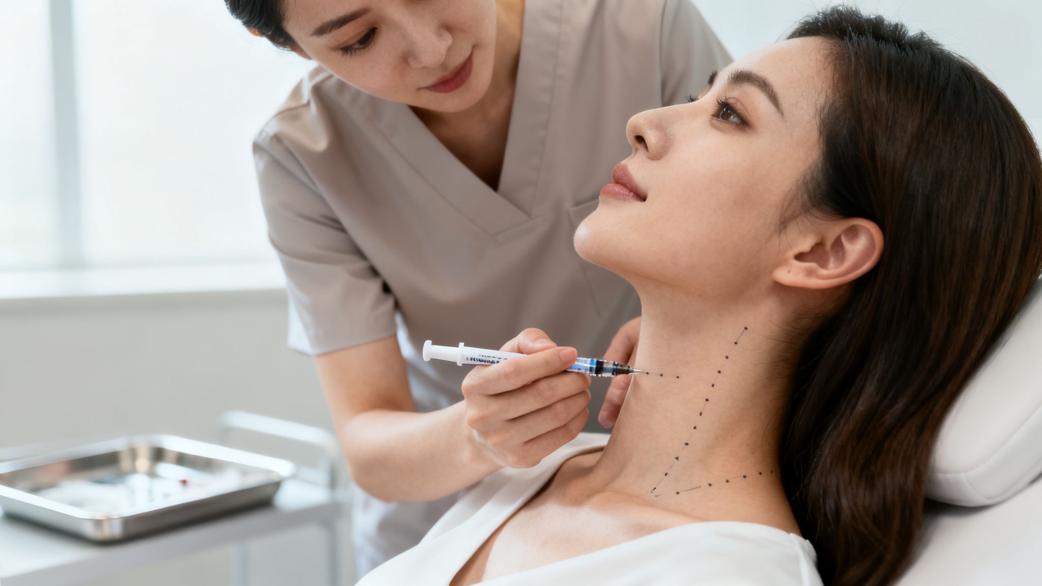 A professional injects a woman's neck marked with dots for a cosmetic procedure.