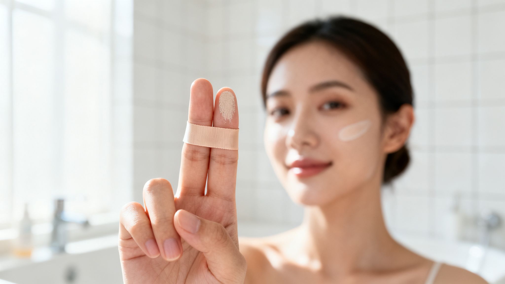 A smiling Asian woman applies foundation to her face with a band-wrapped finger.
