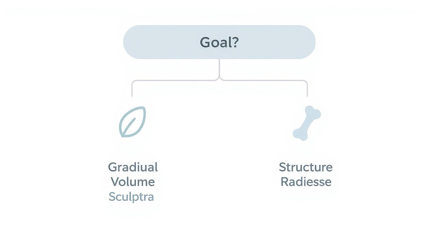 Flowchart outlining aesthetic goals: 'Gradual Volume' (Sculptra, leaf icon) versus 'Structure' (Radiesse, bone icon).