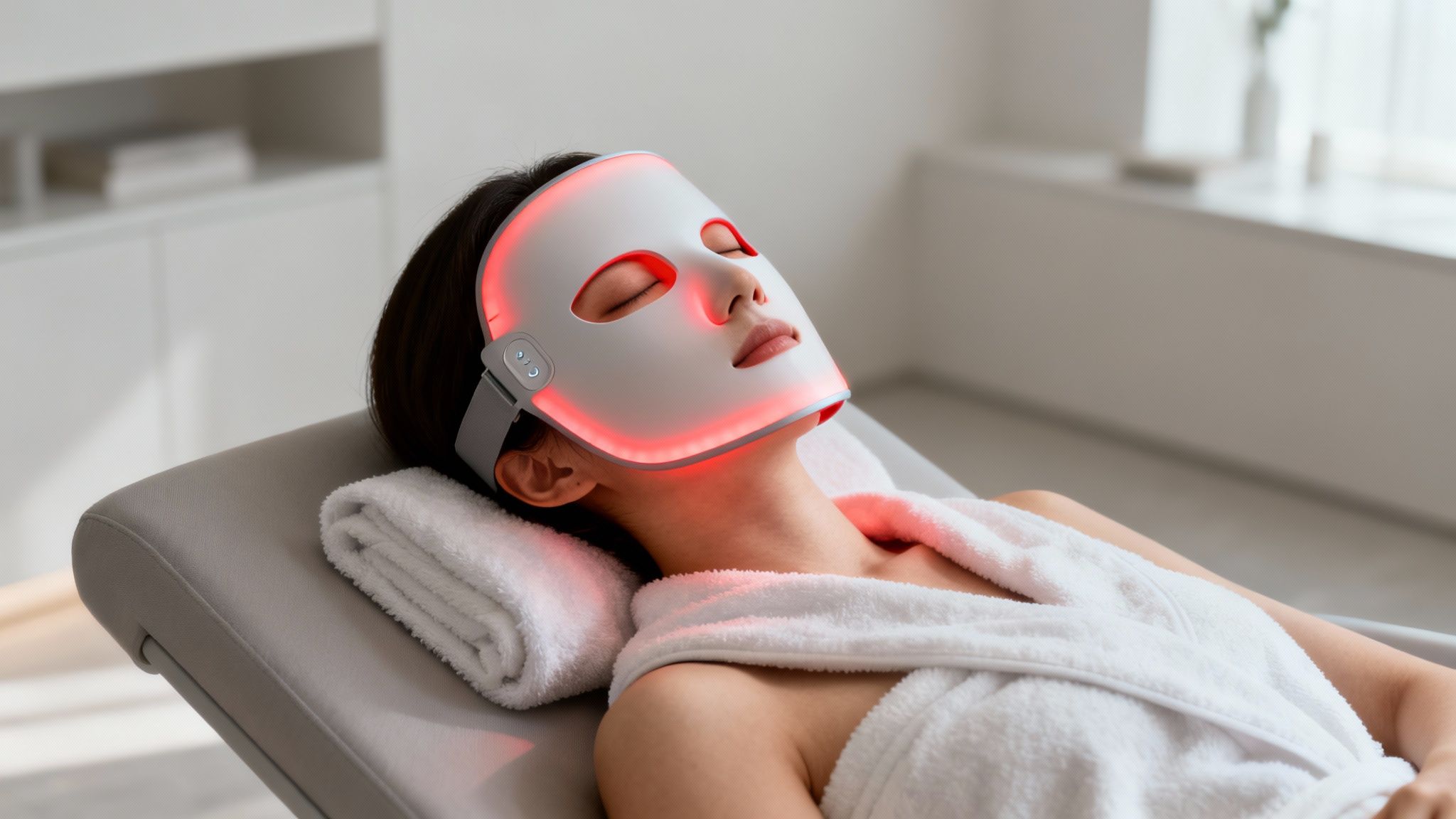 Young woman undergoing red LED light facial therapy for skincare in a professional setting.