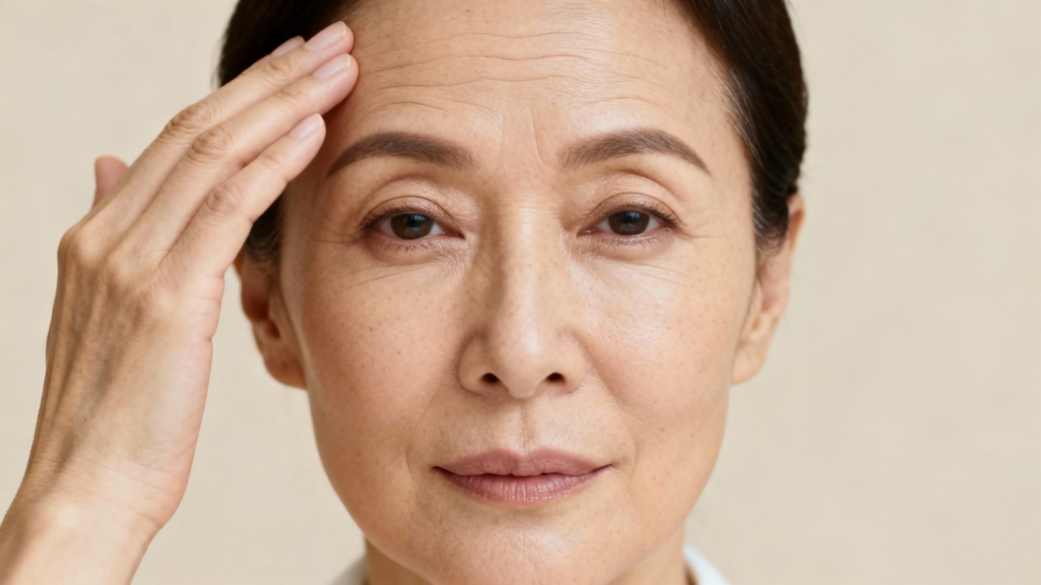 Close-up of an older Asian woman gently touching her forehead with visible wrinkles.