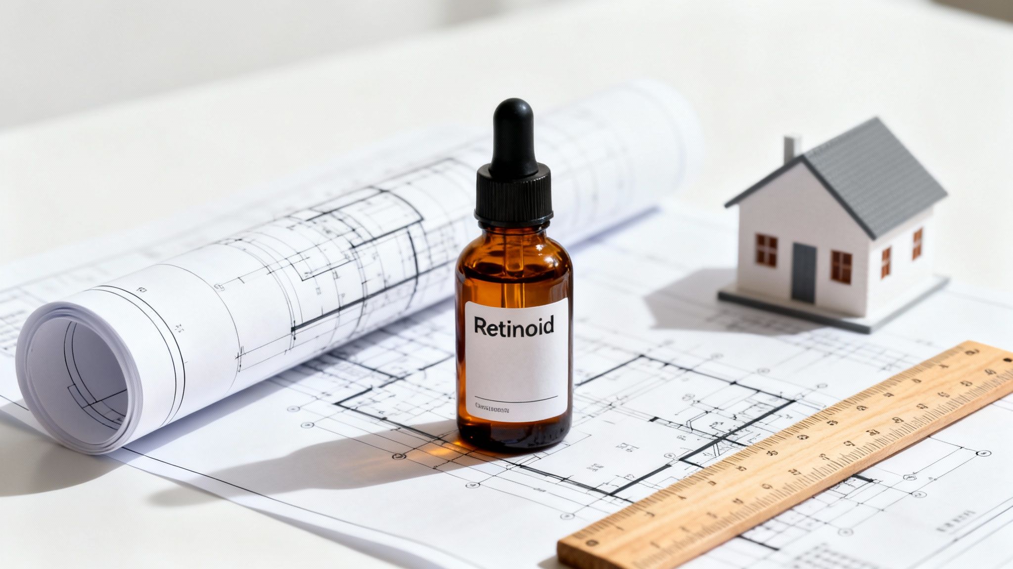 A retinoid dropper bottle sits on architectural blueprints next to a model house and ruler.