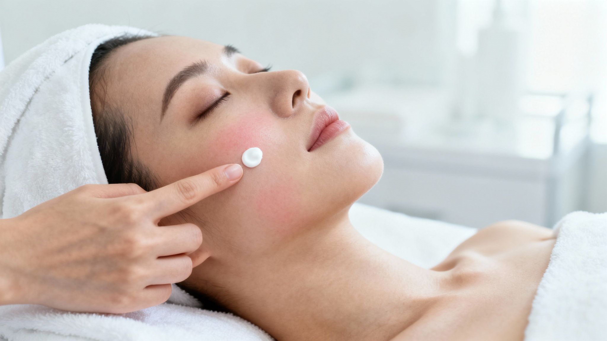 Woman applying soothing zinc oxide sunscreen to her face