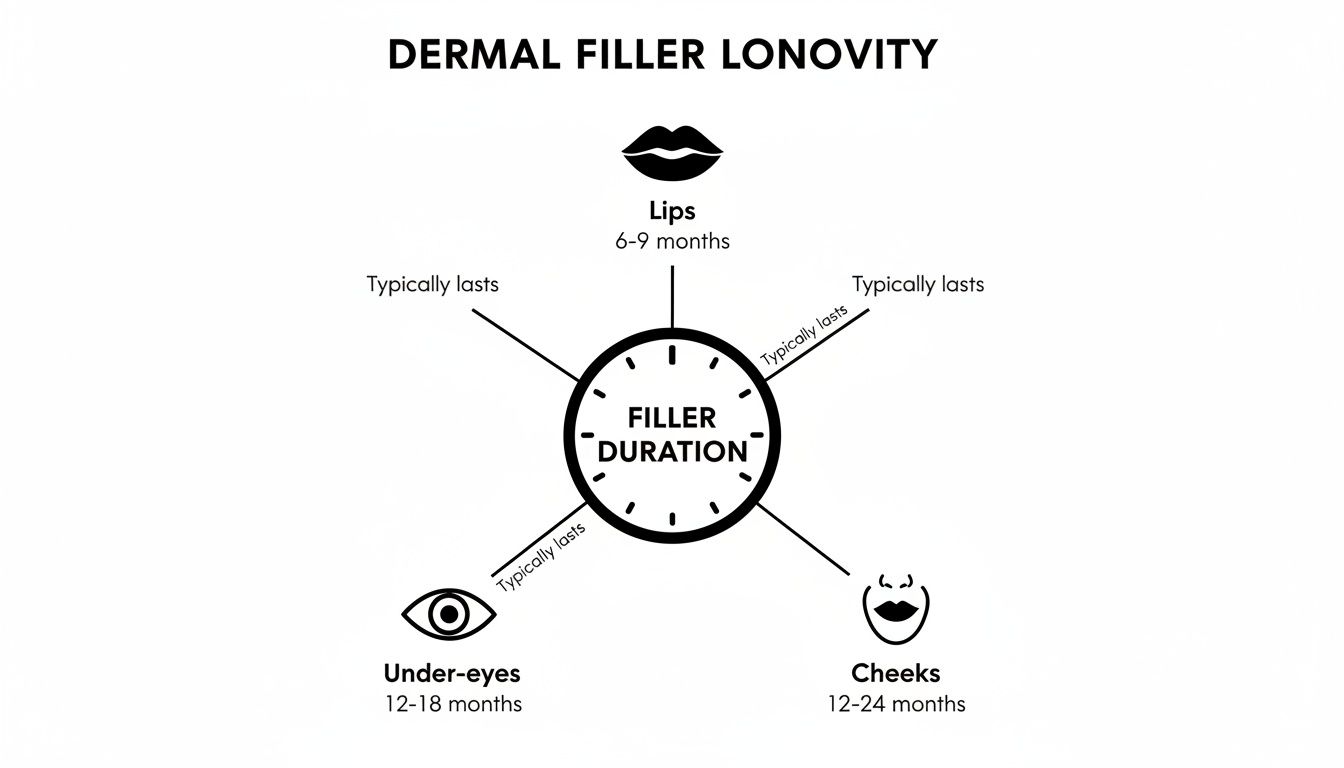 Diagram showing dermal filler longevity for lips (6-9 months), under-eyes (12-18 months), and cheeks (12-24 months).