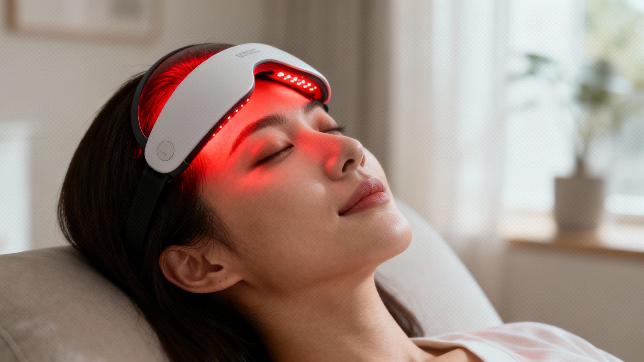 A woman using a red light therapy mask on her head