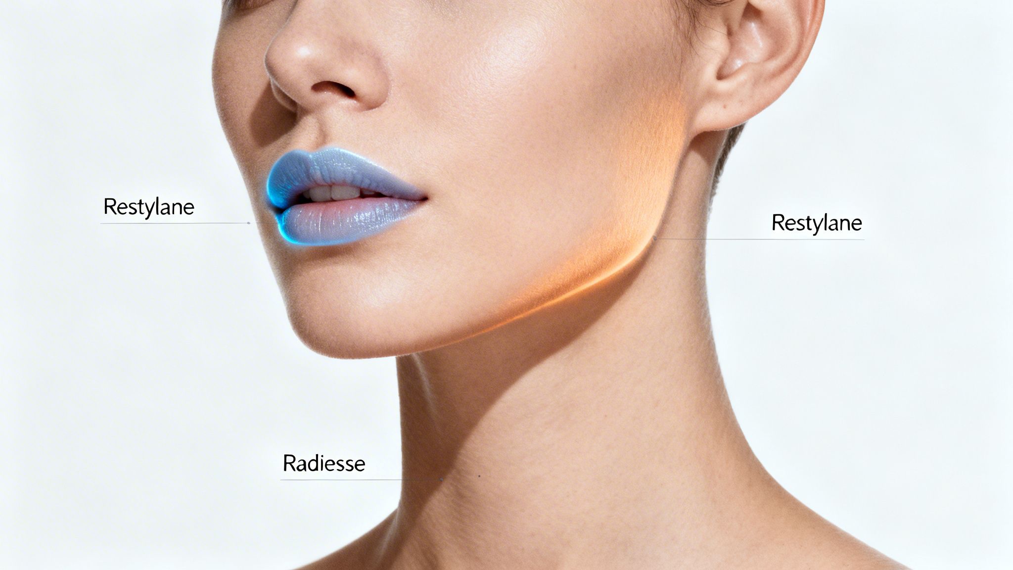 Close-up of a woman's lower face showing targeted areas for Restylane lip and jawline fillers, and Radiesse neck treatment.