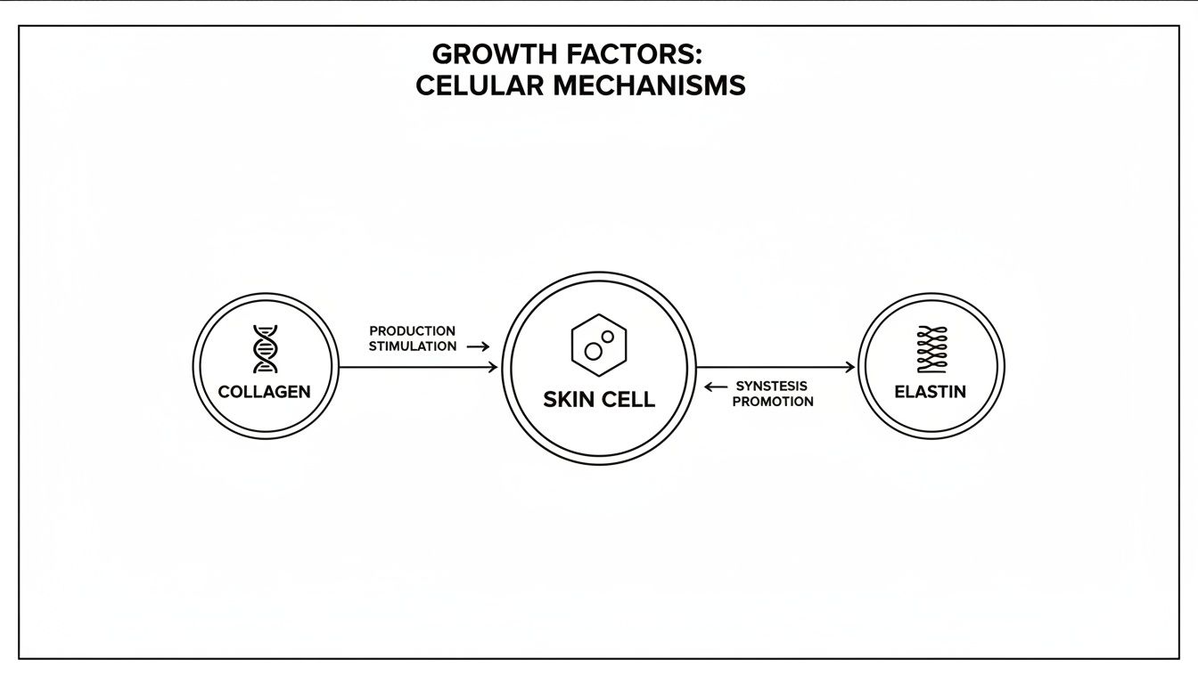 A diagram showing cellular mechanisms of growth factors stimulating collagen production and elastin synthesis by skin cells.