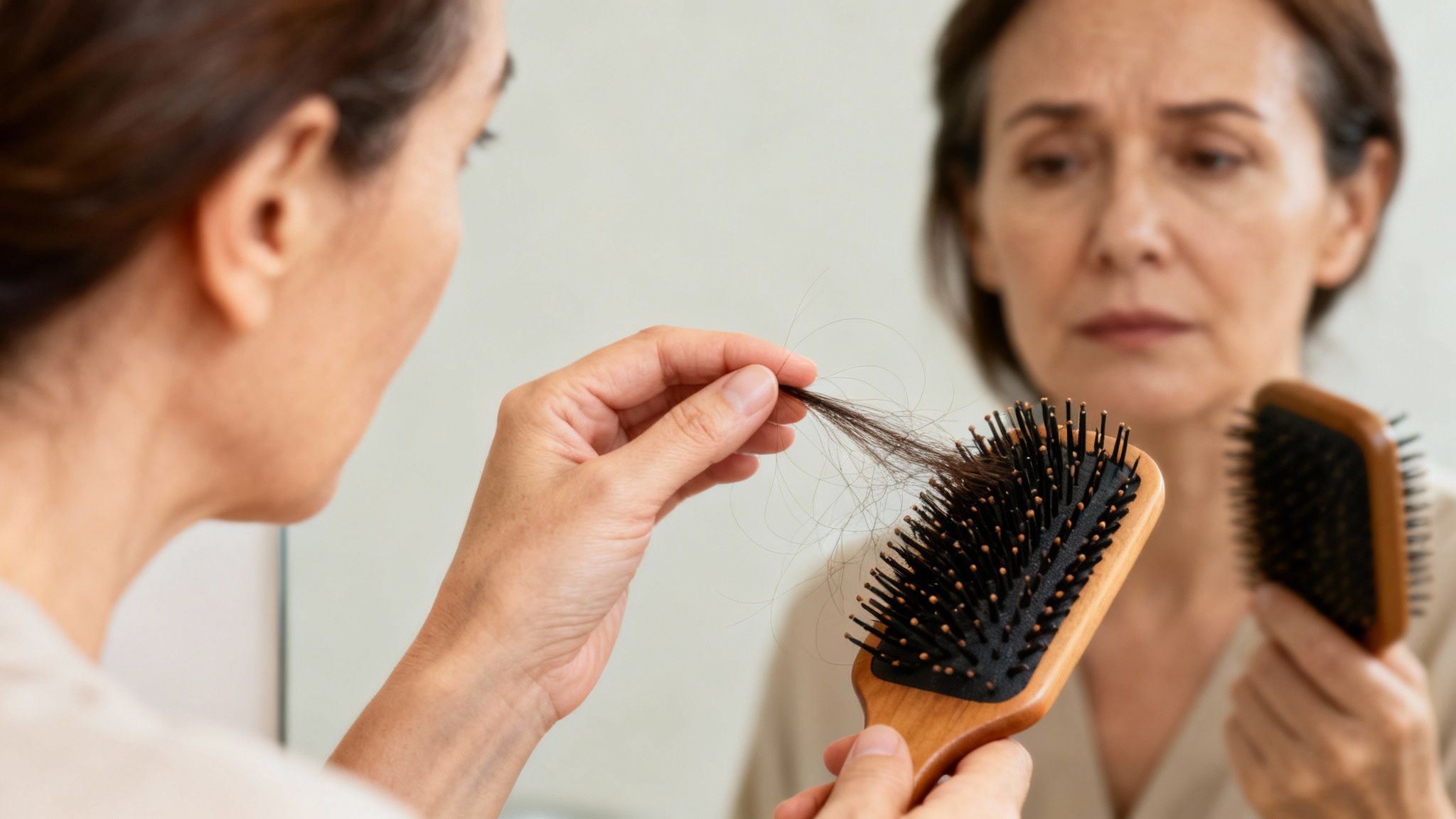 Concerned woman holding a hairbrush full of lost hair, looking at her reflection in the mirror.