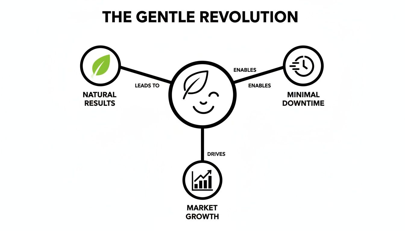 Diagram illustrating 'The Gentle Revolution' with natural results, minimal downtime, and market growth.