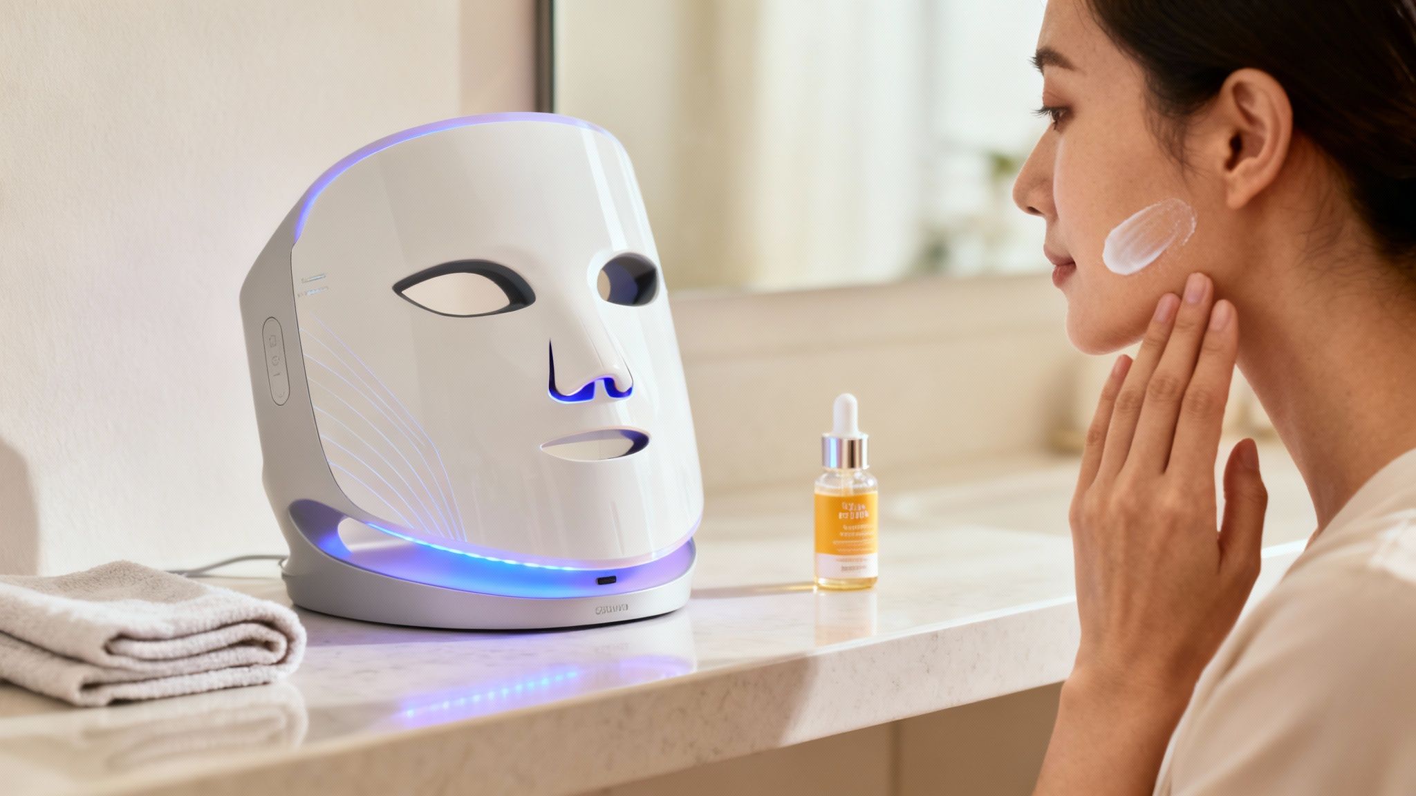A woman applies skincare cream to her cheek next to a light therapy face mask.