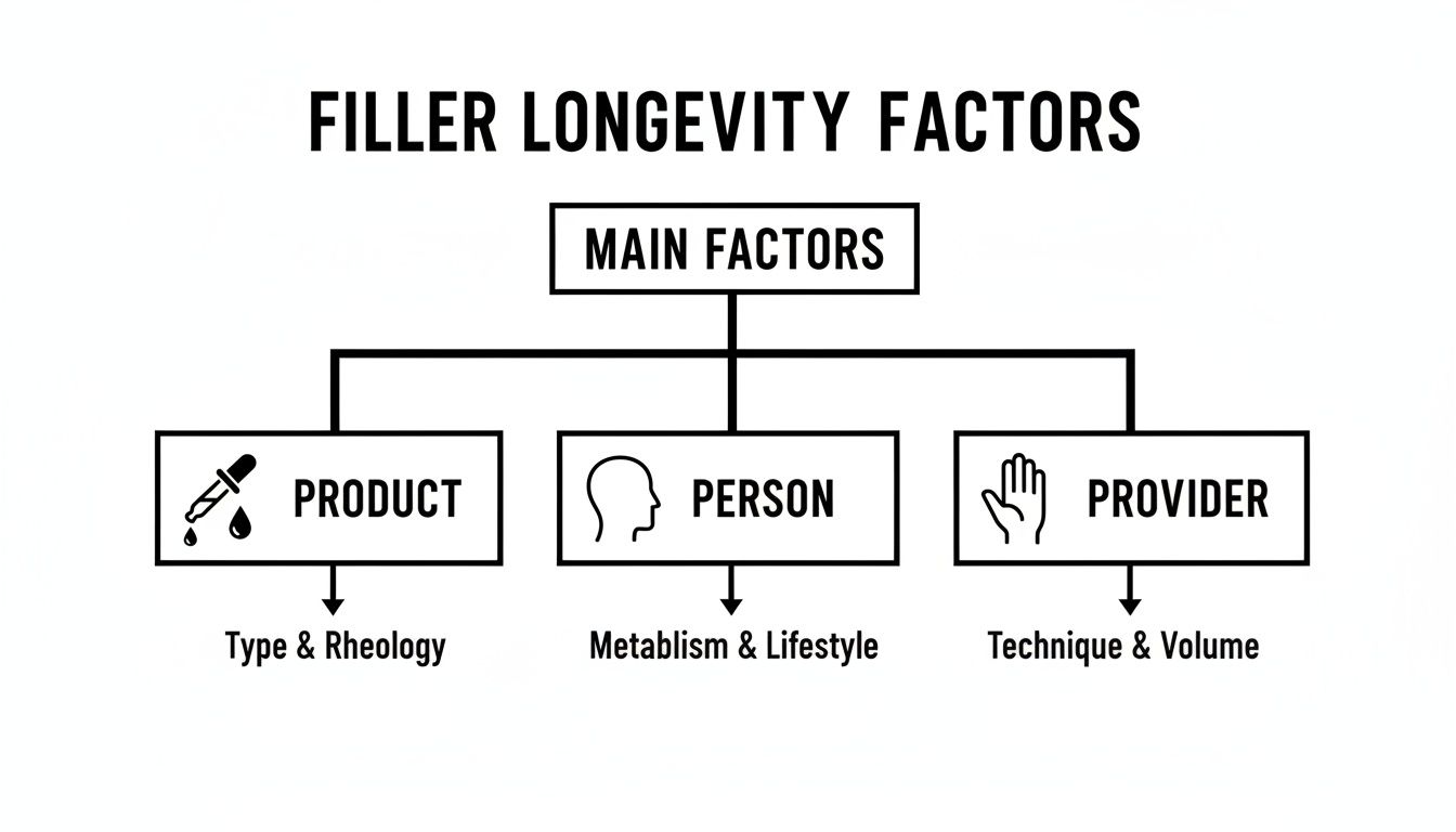 A flowchart detailing the main factors influencing filler longevity, including product type, patient metabolism, and provider technique.