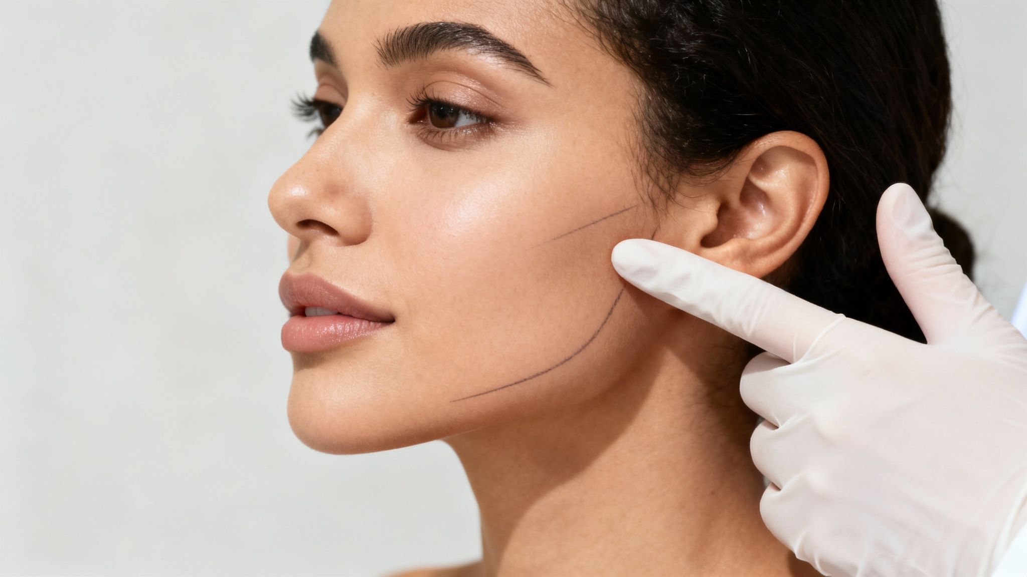 A woman's profile with guide lines drawn on her face for a cosmetic procedure, a gloved hand points.