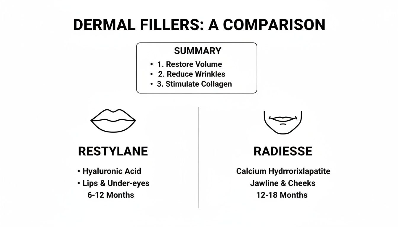 Infographic comparing dermal fillers Restylane and Radiesse, detailing composition, treated areas, and longevity.