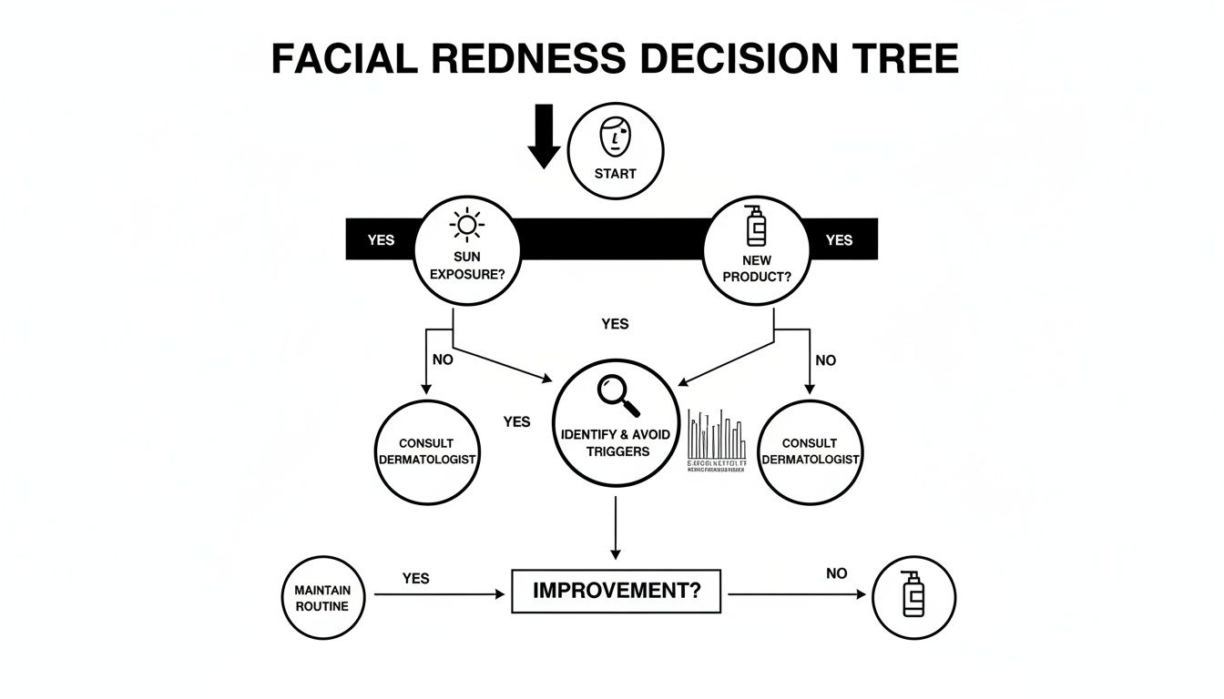 A facial redness decision tree flowchart illustrating steps to identify and manage skin redness.