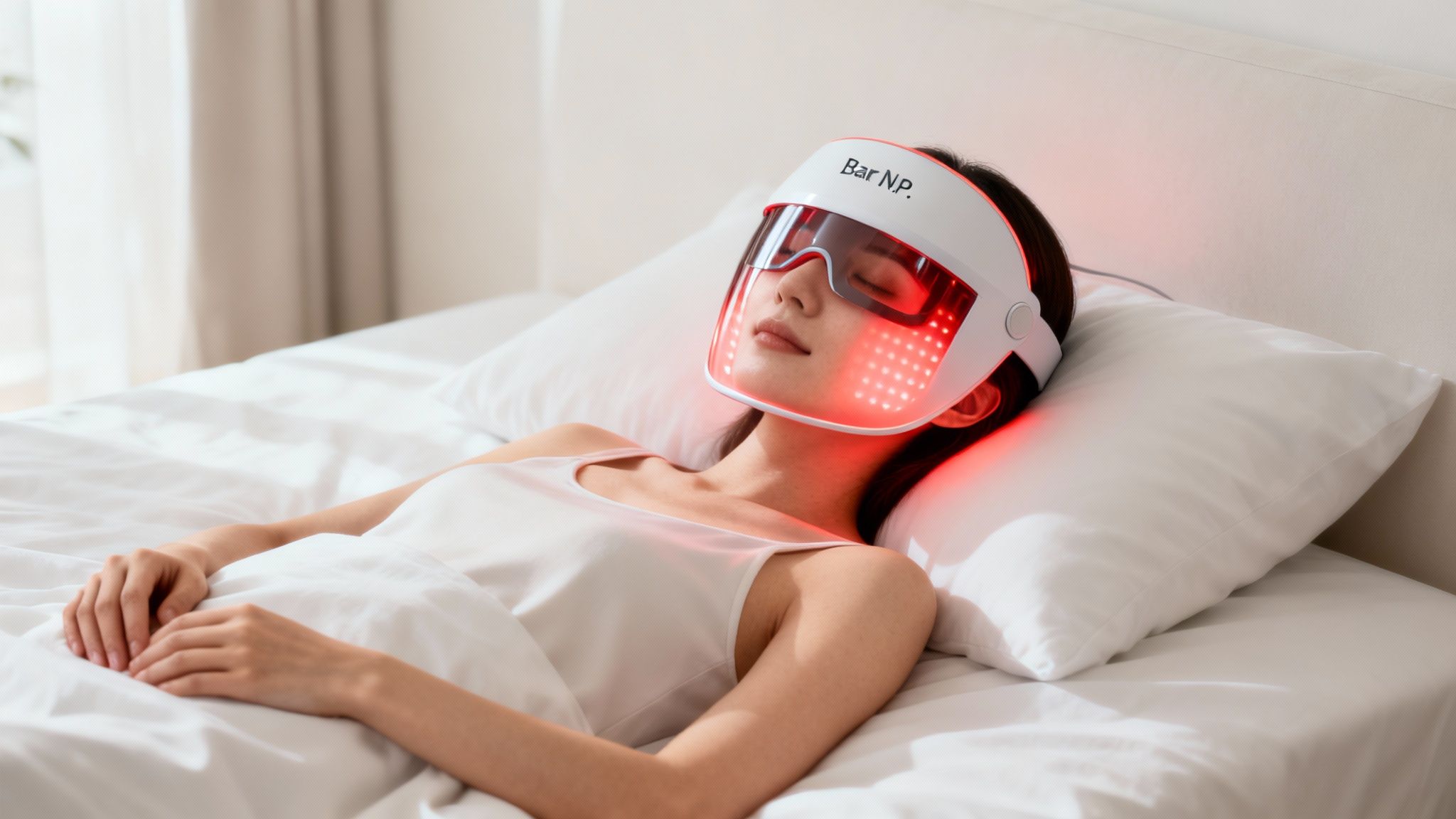 A young woman relaxing in bed with a red light therapy facial mask.
