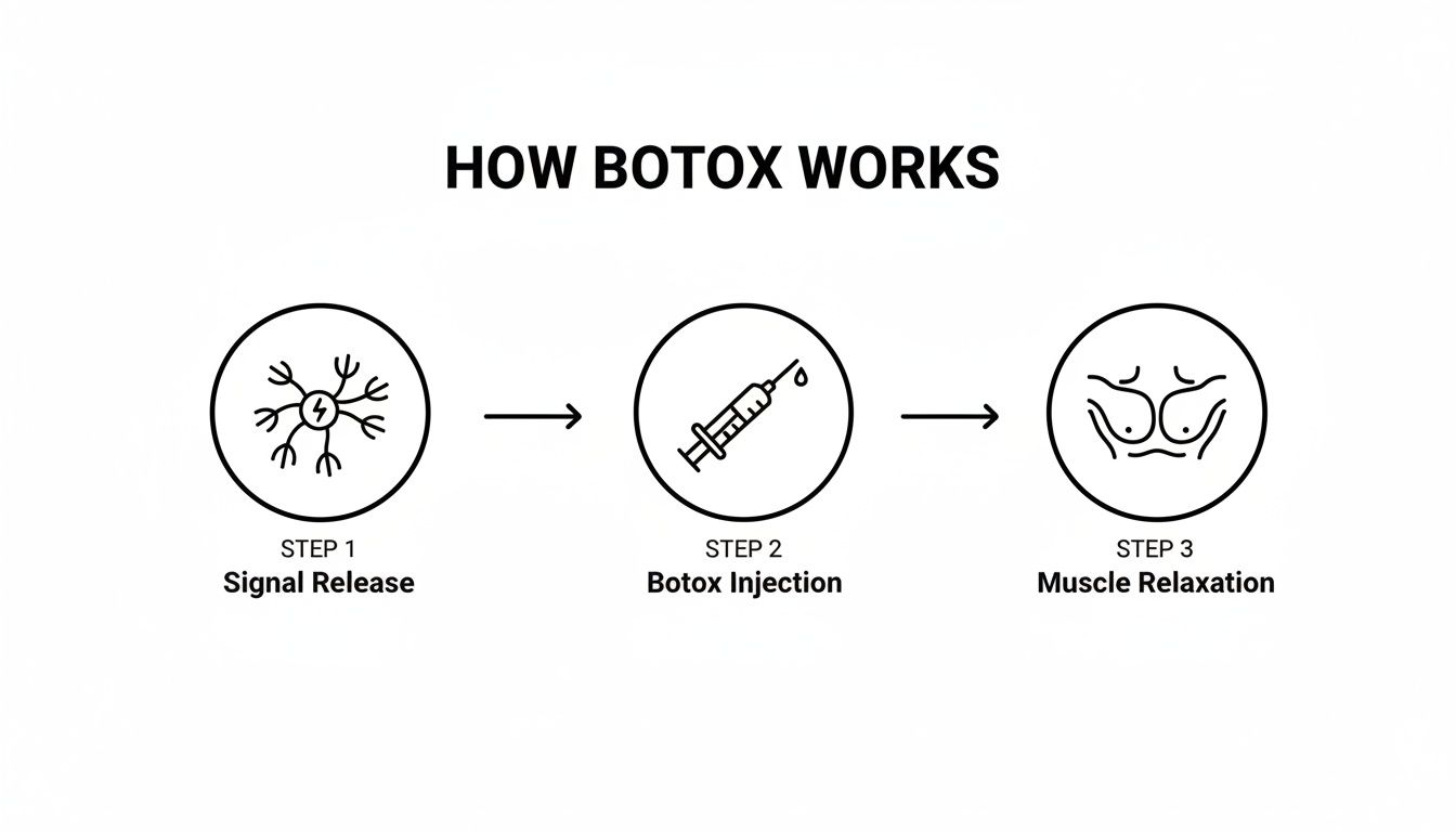 A simple diagram explaining how Botox works, from nerve signal to muscle relaxation.