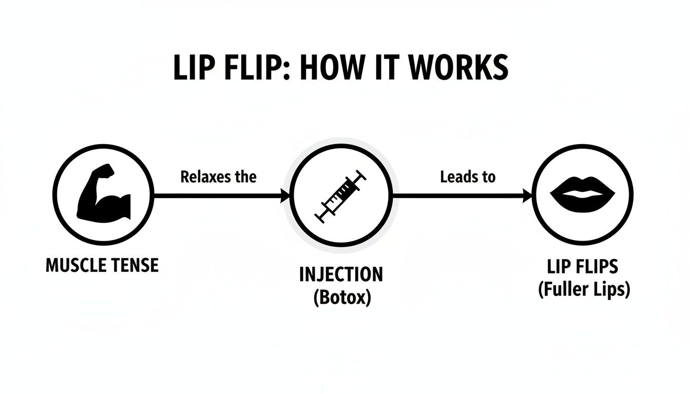 A diagram illustrating how a lip flip works: tense muscles are relaxed by a Botox injection, leading to fuller lips.