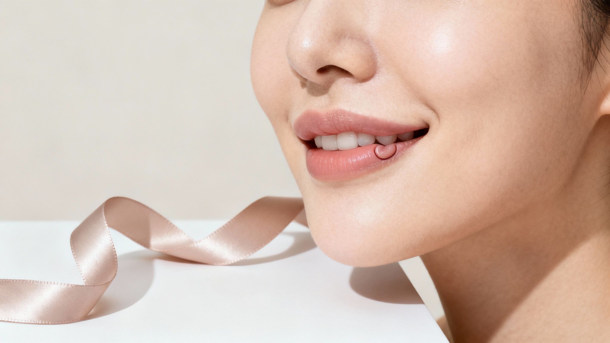 Close-up of a smiling person's lips with a delicate heart charm, beside a flowing pink ribbon.