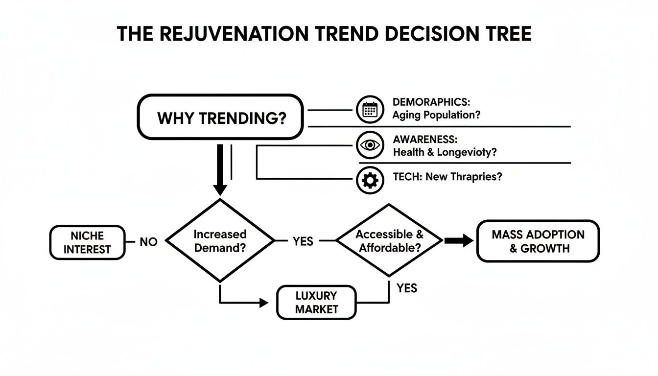 Flowchart illustrating the Rejuvenation Trend Decision Tree, analyzing factors for market adoption and growth.