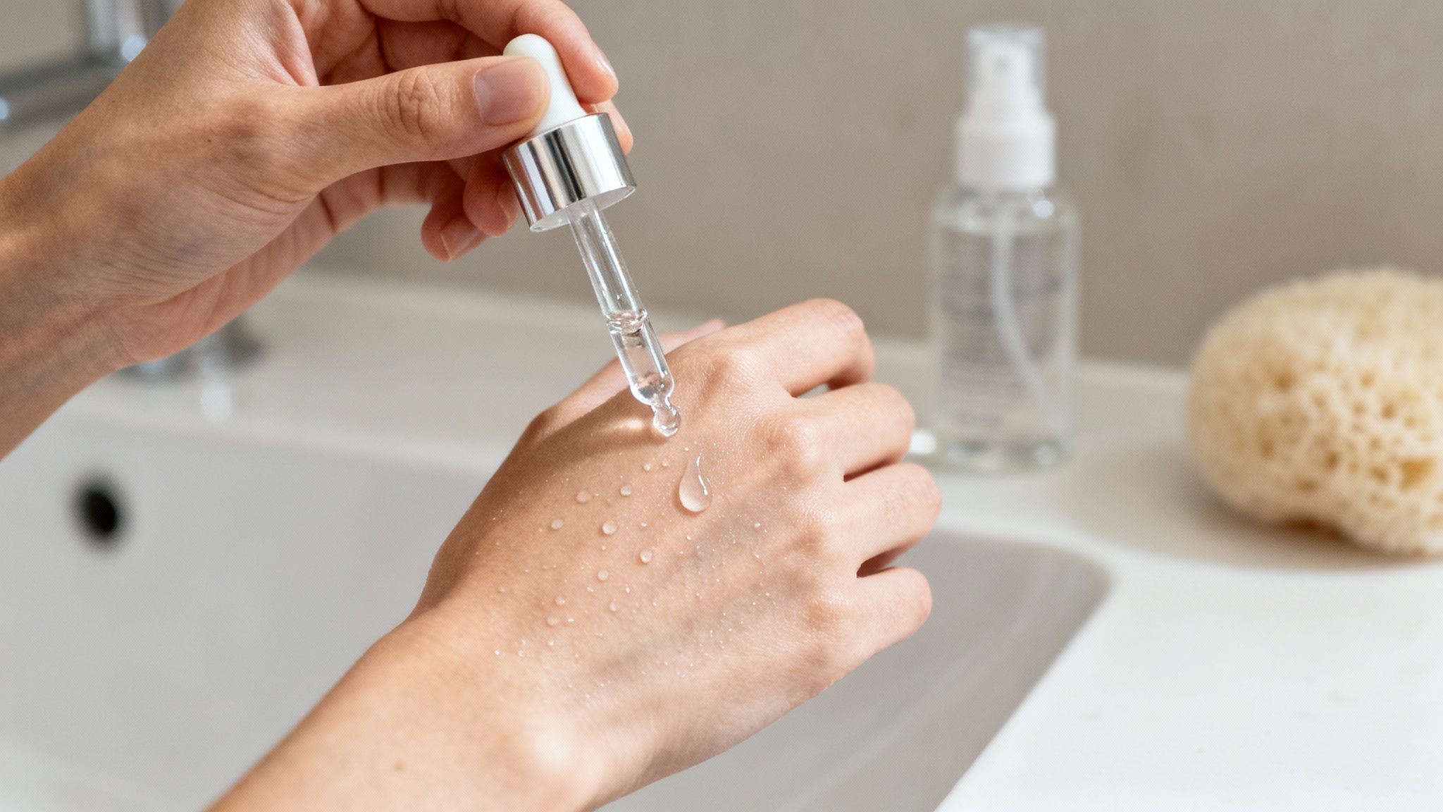 Close-up of hands applying a dropper of clear serum onto skin with water droplets.