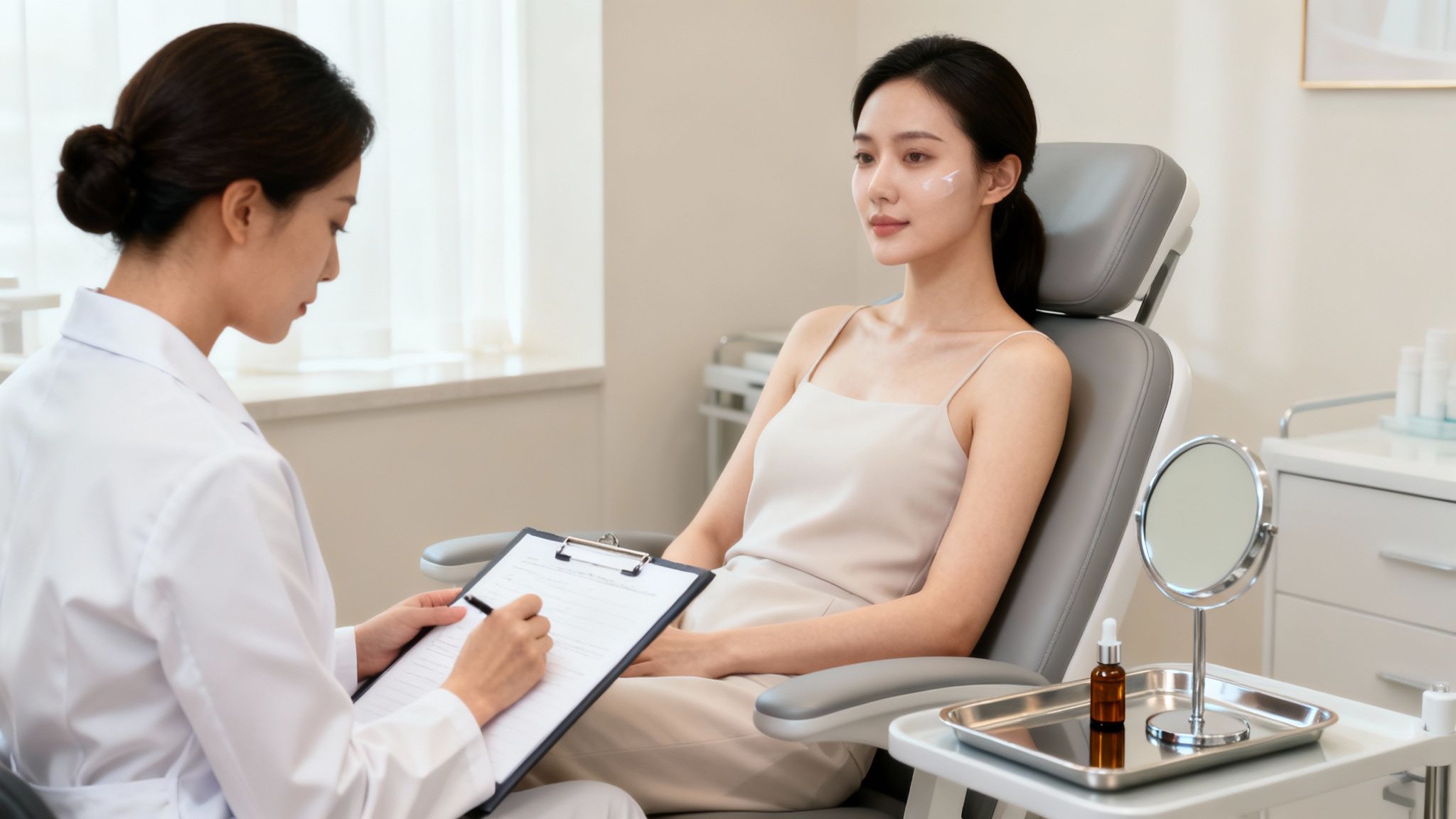 A doctor in a white coat records notes for a patient with face cream in a clinic.