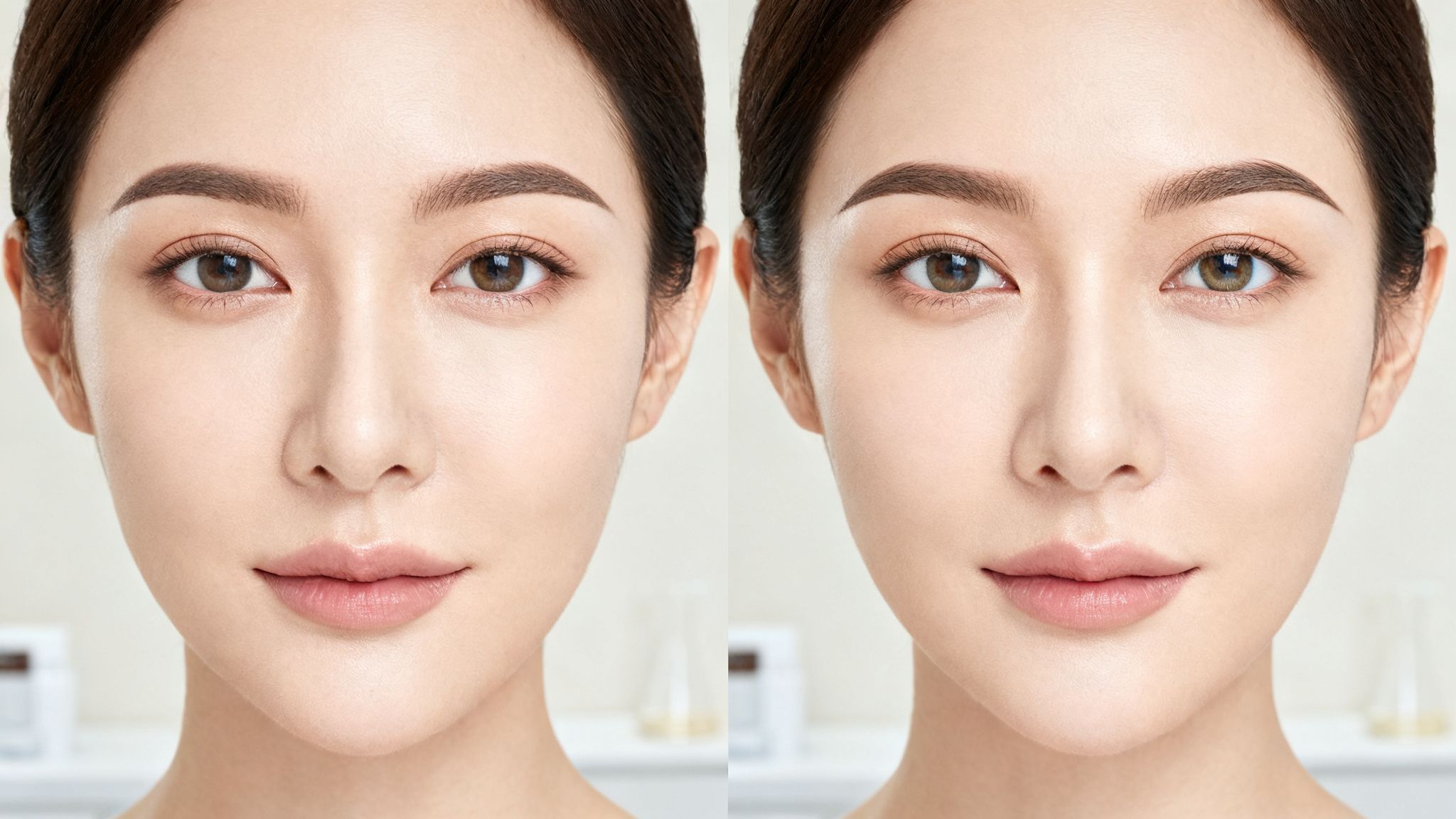 A before-and-after comparison of a woman's face showing a subtle eyebrow lift.
