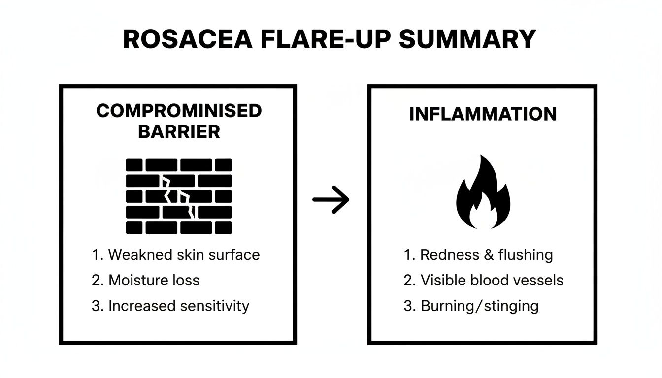 Diagram illustrating rosacea flare-up, showing compromised skin barrier leading to inflammation symptoms.