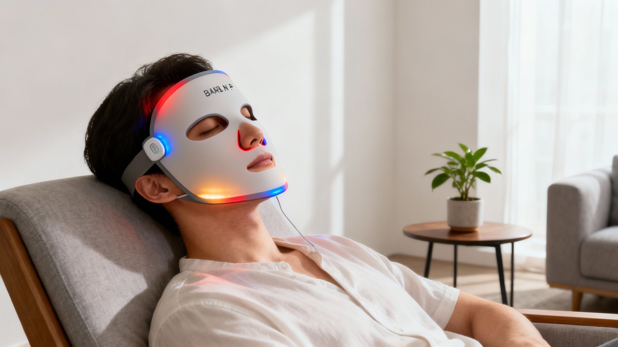 Woman relaxing at home while wearing the Barb N.P. Facial Mask