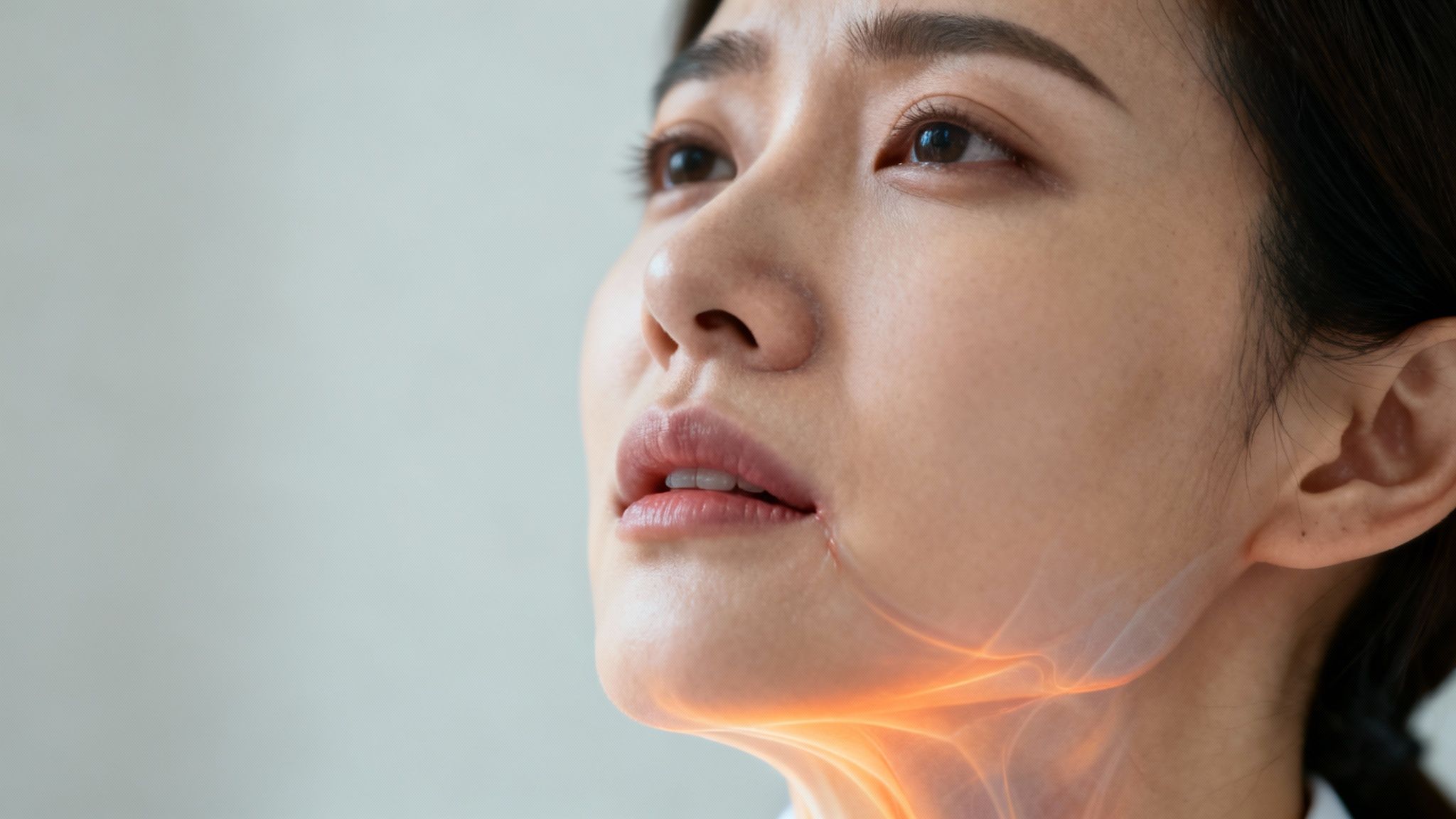 Close-up of a woman's jaw and neck with glowing lines, illustrating pain or treatment.