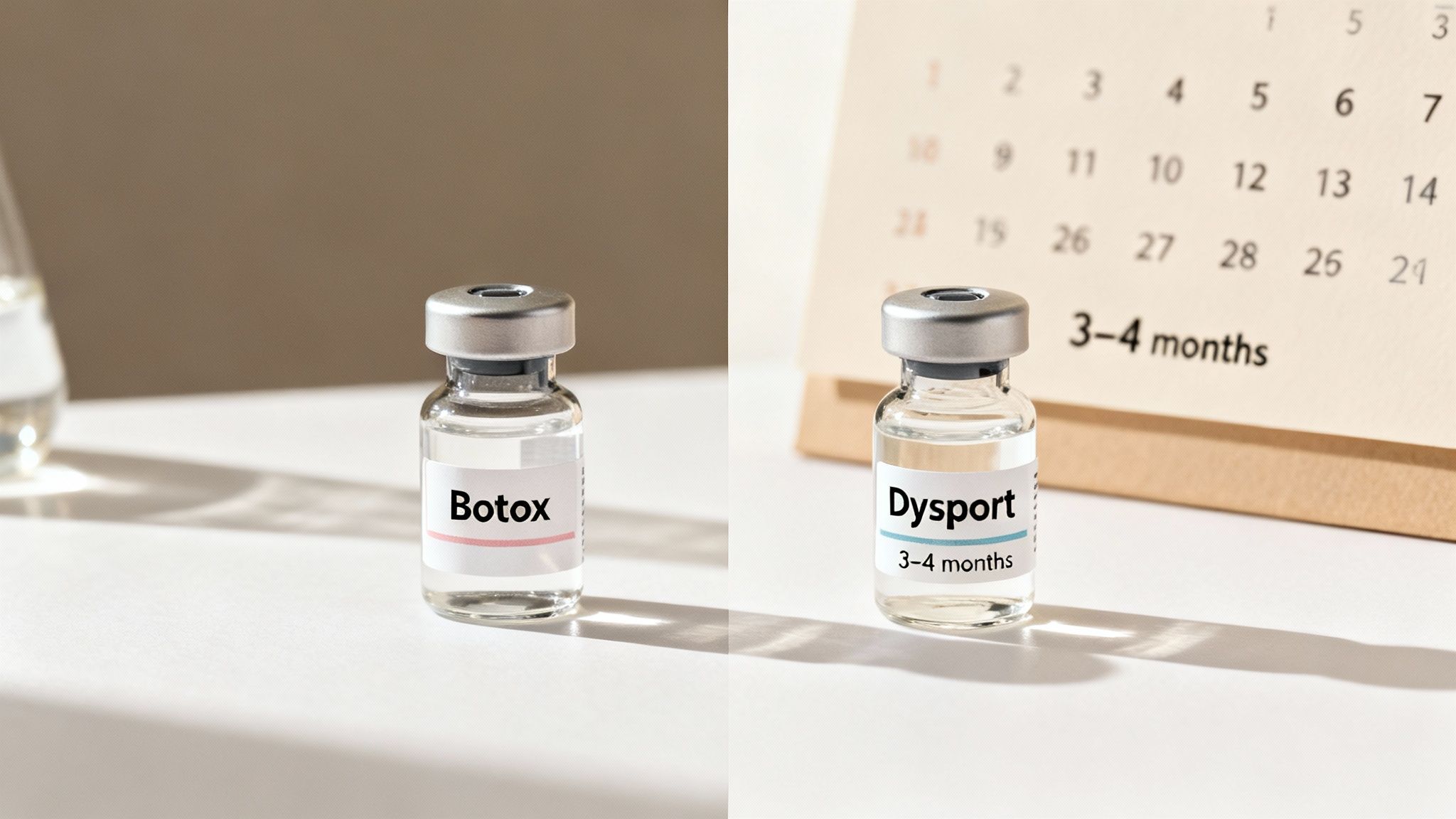 Two vials, one labeled 'Botox' and the other 'Dysport', with a calendar showing '3-4 months' duration.