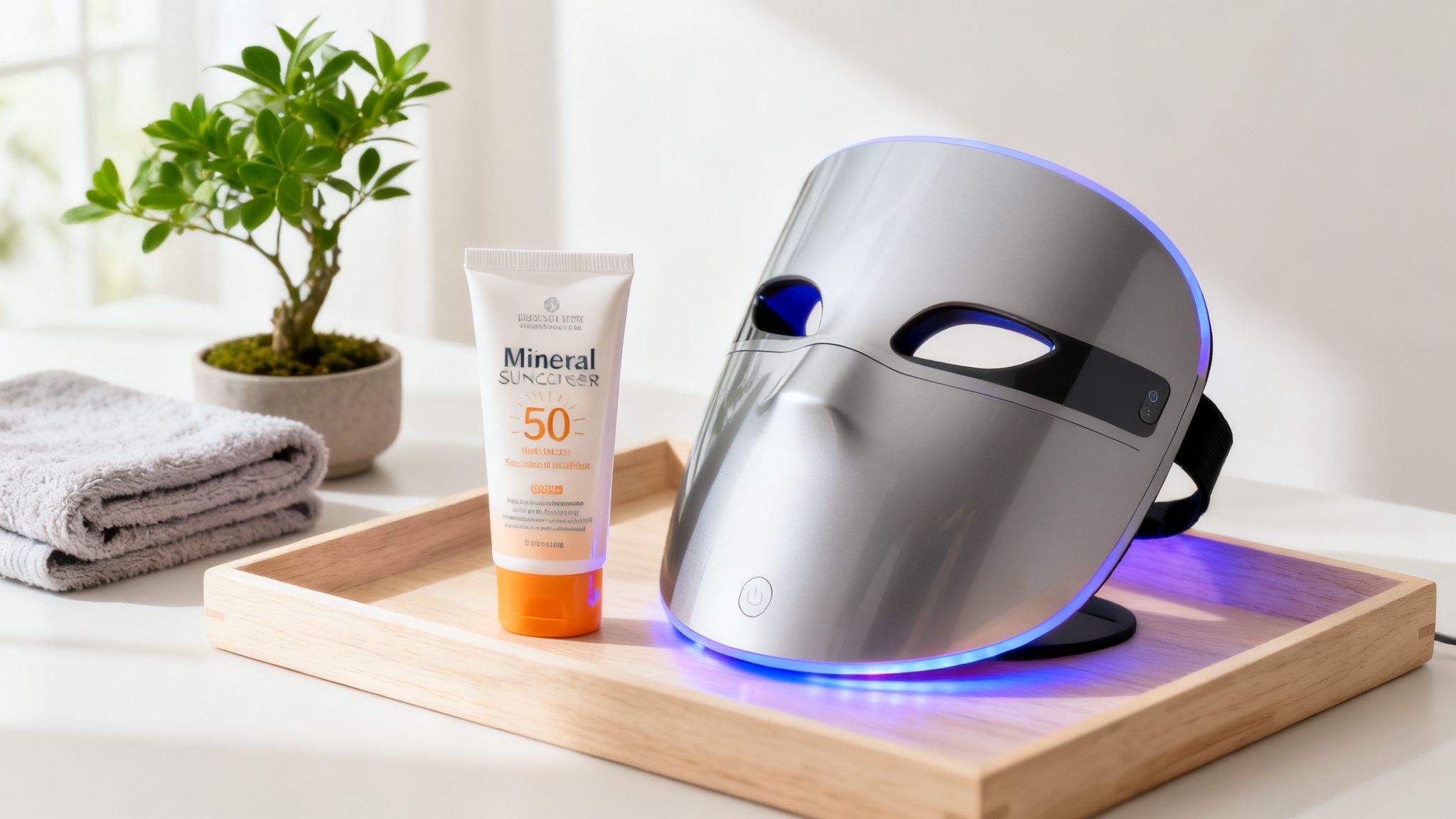 A mineral sunscreen tube, an LED facial mask, and plant on a wooden tray.