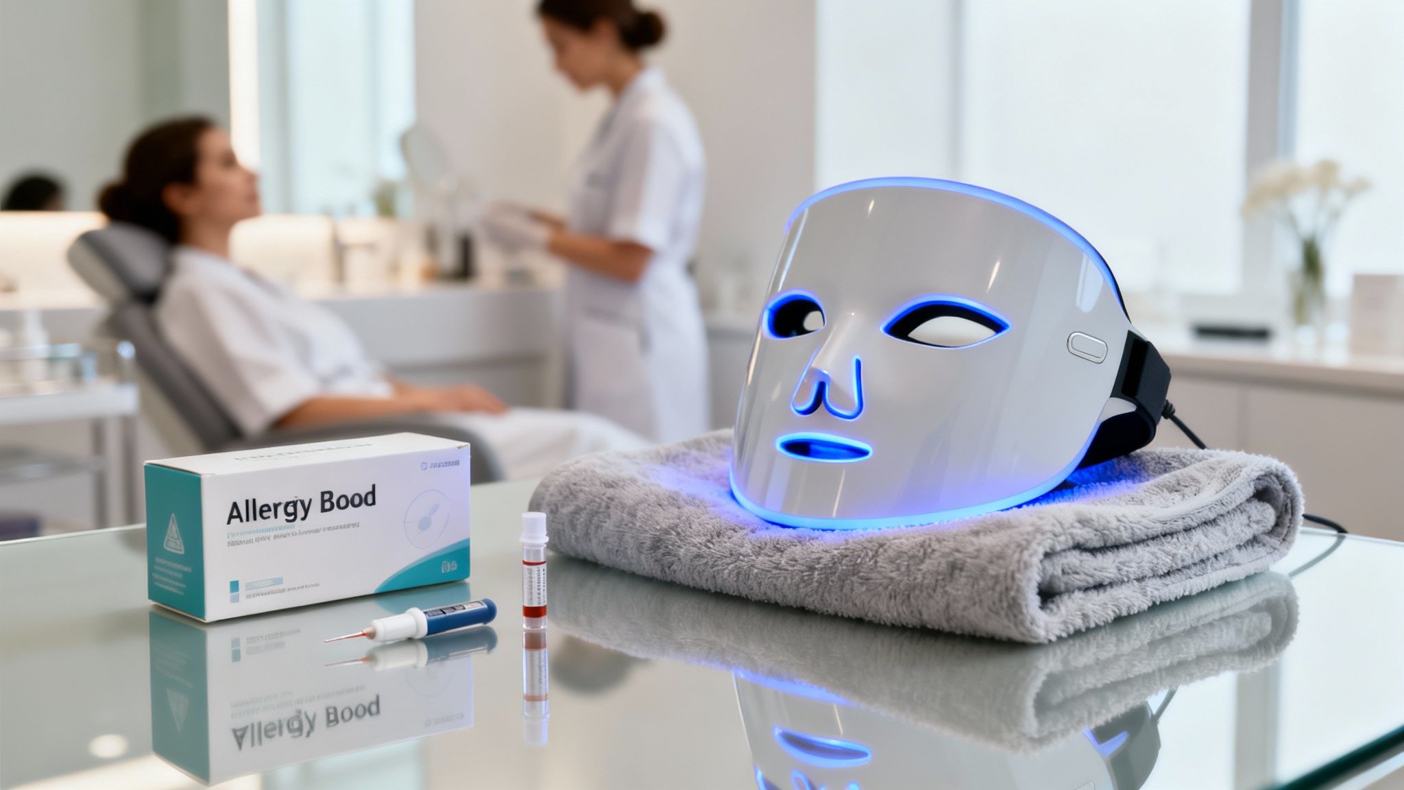 Allergy blood test kit, lancet, blood sample, and blue LED face mask in a modern clinic.