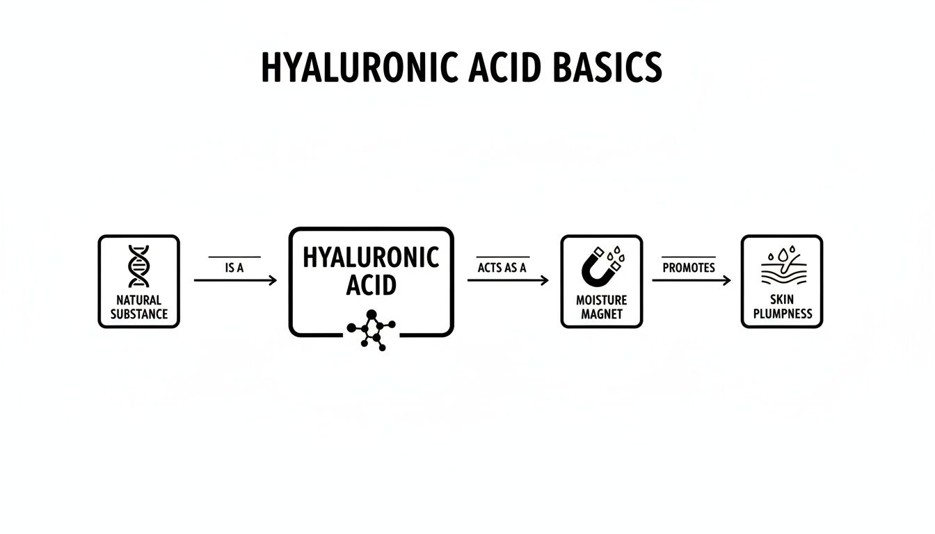 Flowchart illustrating Hyaluronic Acid basics: it's a natural substance, acts as a moisture magnet, and promotes skin plumpness.