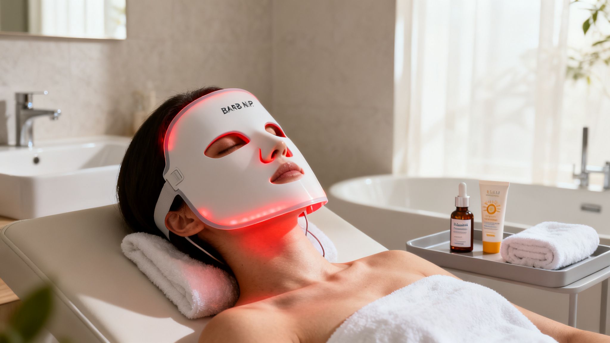 A person relaxing with a red LED light therapy mask on their face and neck in a spa.